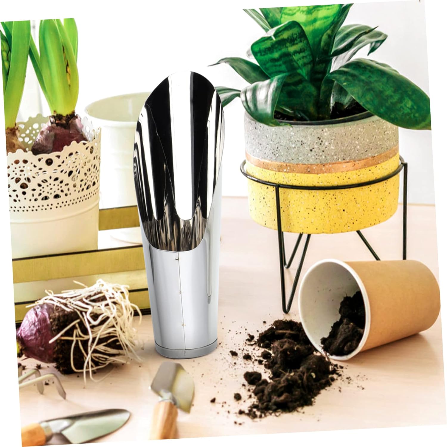 Yardwe 2 piezas de acero inoxidable cucharón pala césped herramientas plantas de interior vivas macetas interiores de acero inoxidable cuchara de