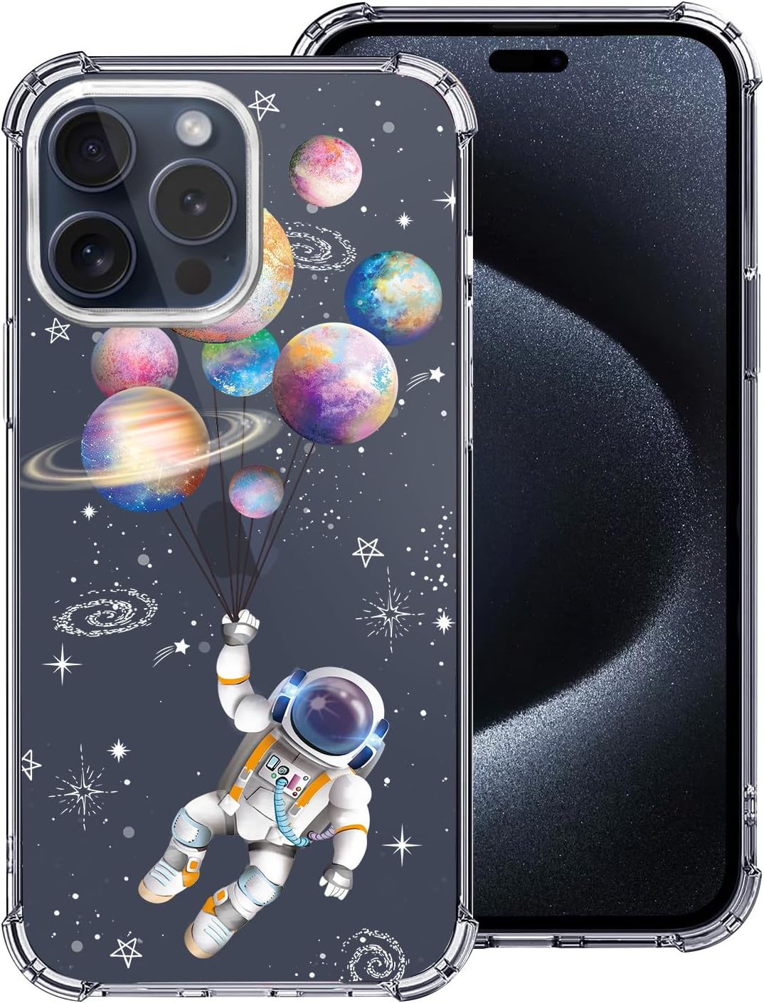 Hi Space Compatible con iPhone 15 Pro Max, funda de astronauta, planeta, estrella espacial, luna con purpurina, transparente para mujeres y hombres,