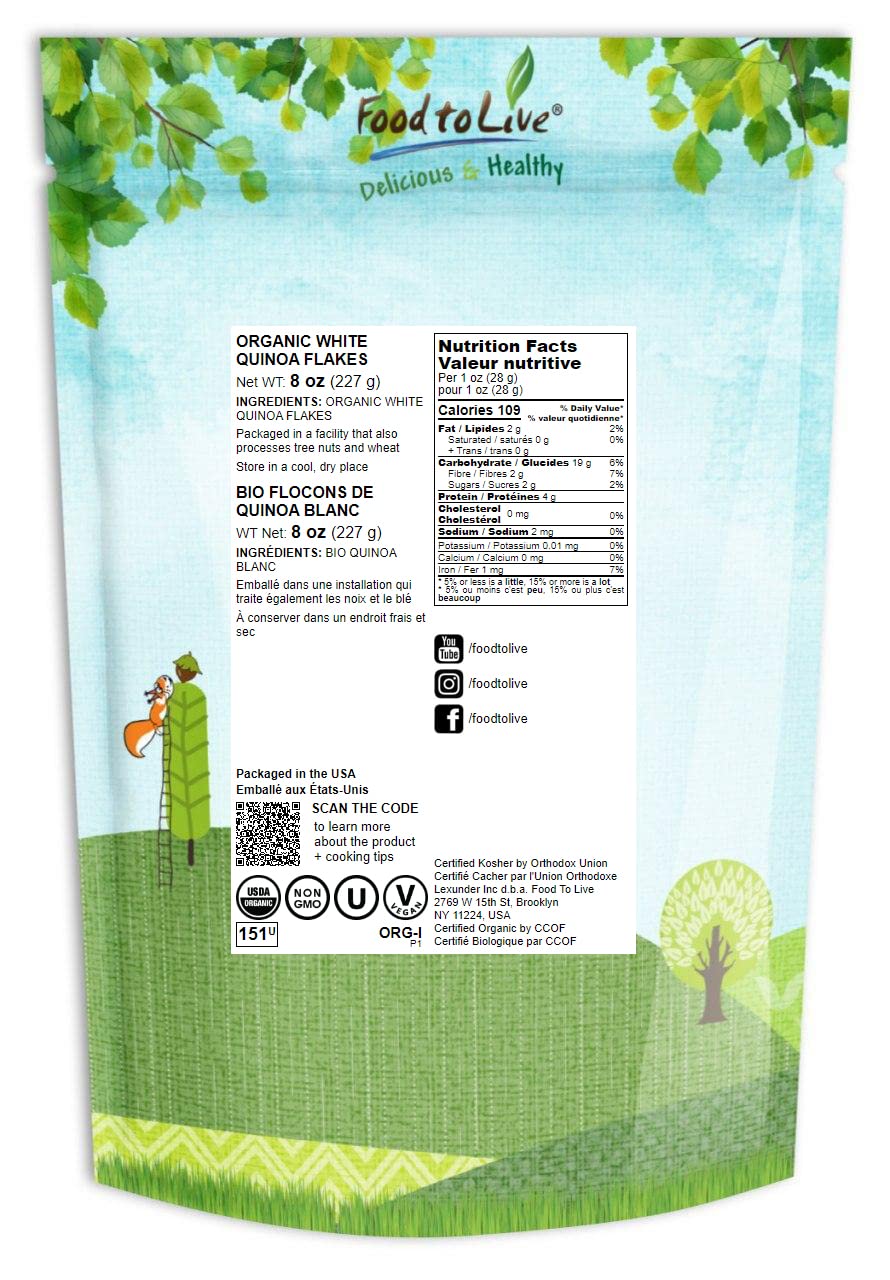 Food to Live Copos de quinua blanca orgánica, 8 onzas  Semillas de quinua prensadas sin OMG, veganas, kosher, a granel, altas en proteínas,
