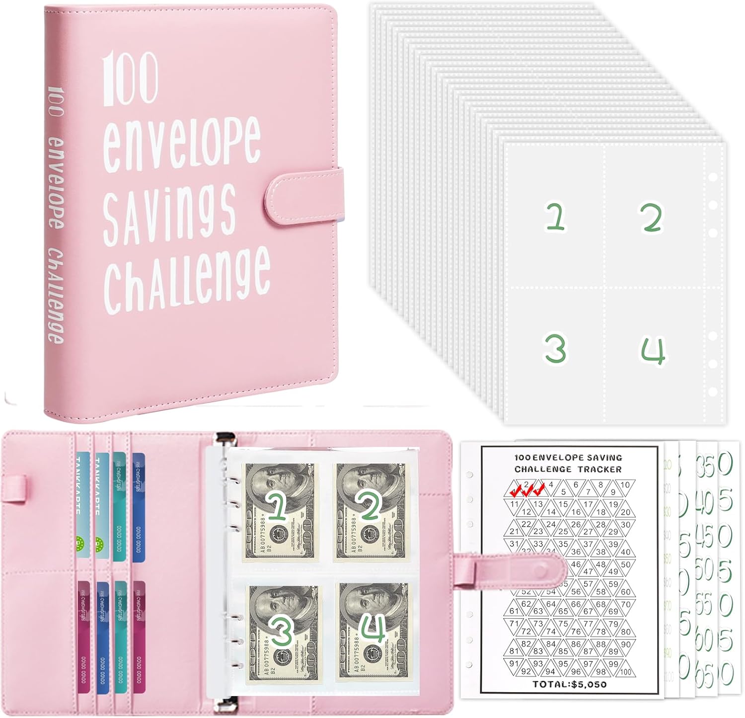 Carpeta de desafío de 100 sobres, 100 desafíos de ahorro, carpeta de presupuesto, libro de desafíos de ahorro, cartera de sobres de efectivo para