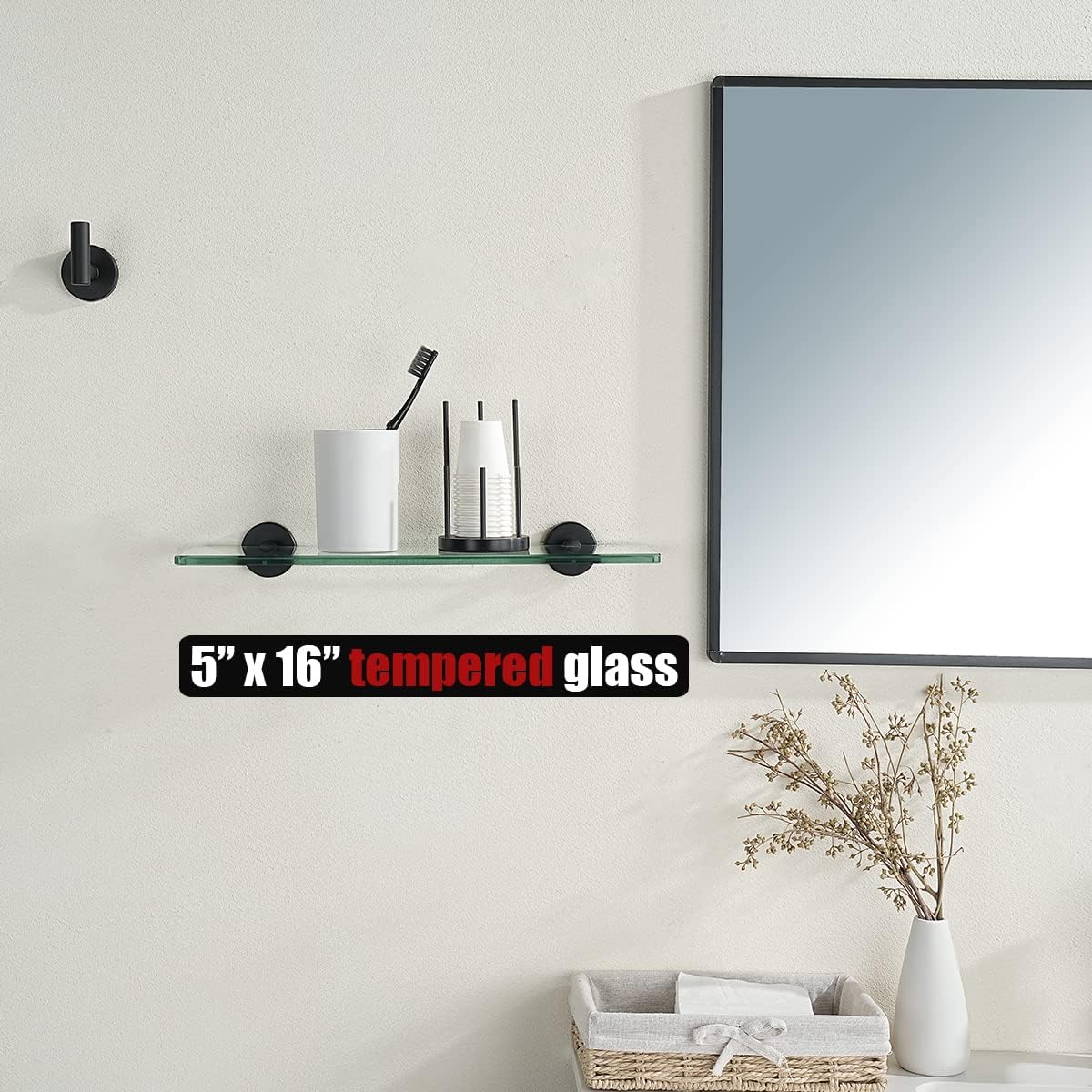 JQK Estante de vidrio para baño negro, almacenamiento de ducha de vidrio templado de 16 x 5 pulgadas, montaje en pared negro mate de acero