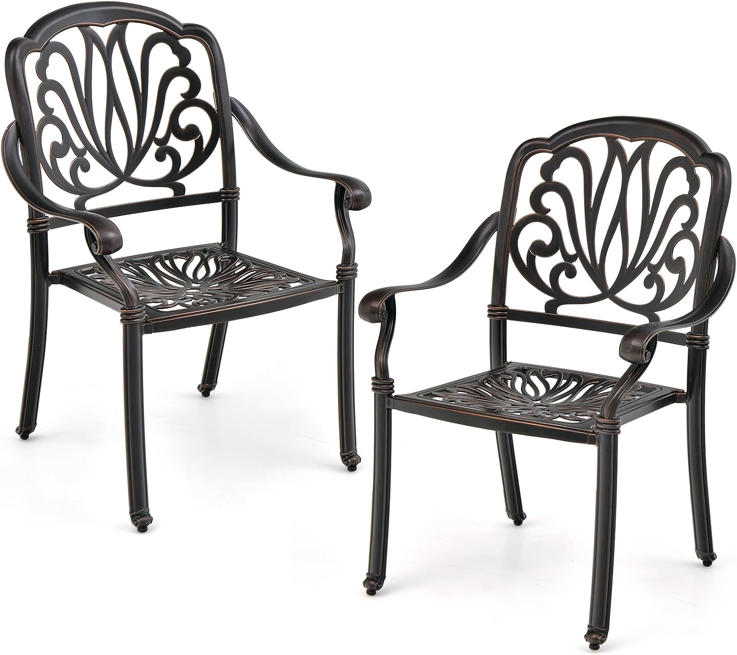 Tangkula Juego de 2 sillas de comedor de aluminio fundido para patio, sillas de comedor apilables al aire libre con reposabrazos, sillas de bistró