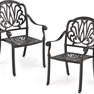 Tangkula Juego de 2 sillas de comedor de aluminio fundido para patio, sillas de comedor apilables al aire libre con reposabrazos, sillas de bistró Tangkula Juego de 2 sillas de comedor de aluminio fundido para patio, sillas de comedor apilables al aire libre con reposabrazos, sillas de bistró