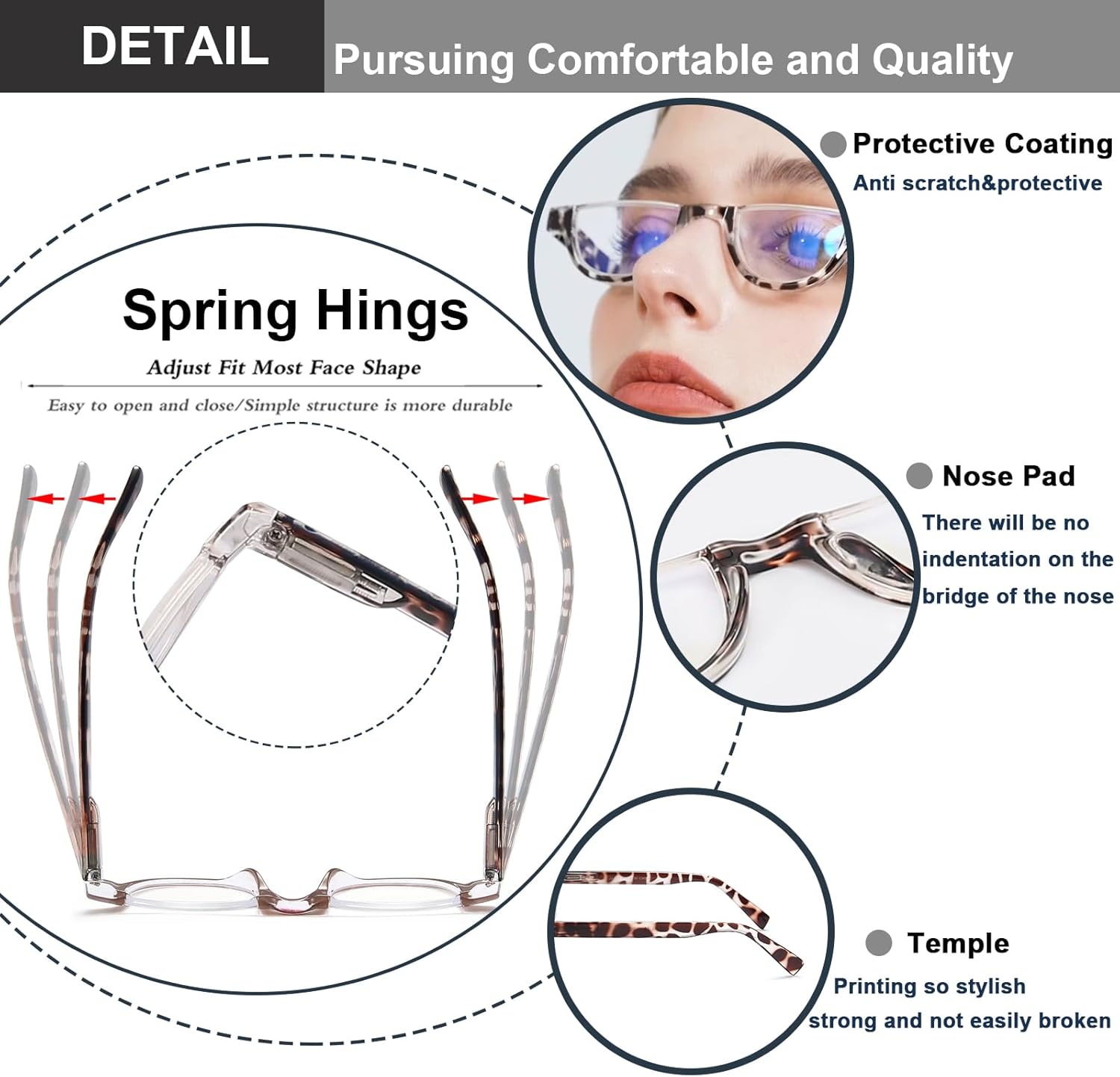 EYEURL Lentes de lectura de medio marco para mujer, paquete de 5 lentes de bloqueo de luz azul, lentes de lectura sin montura para mujer, anteojos