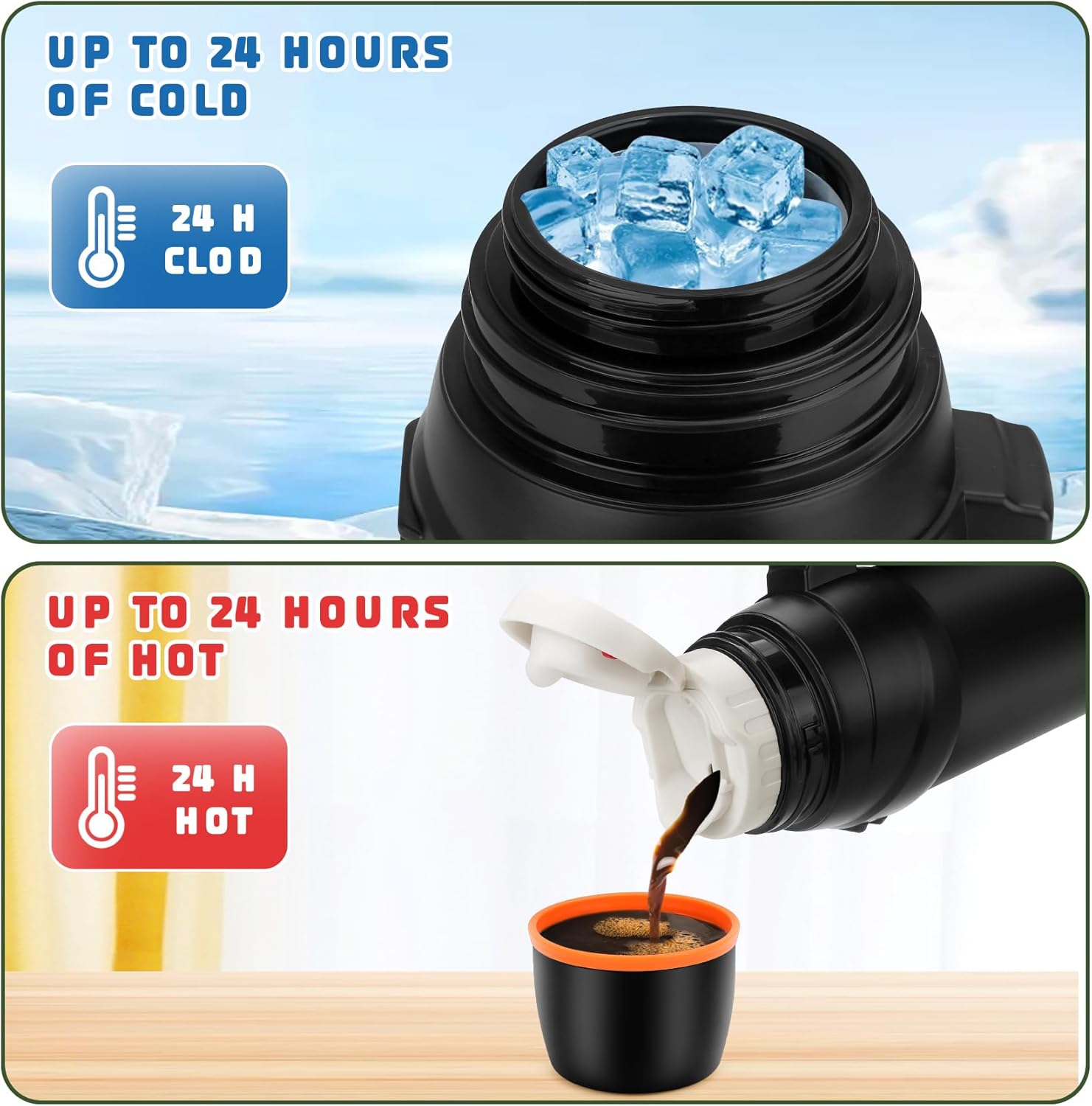 Beyoung Termos de café grandes de 67.6 fl oz para frío y calor, botella de vacío clásica portátil de acero inoxidable 304 con taza de plástico y