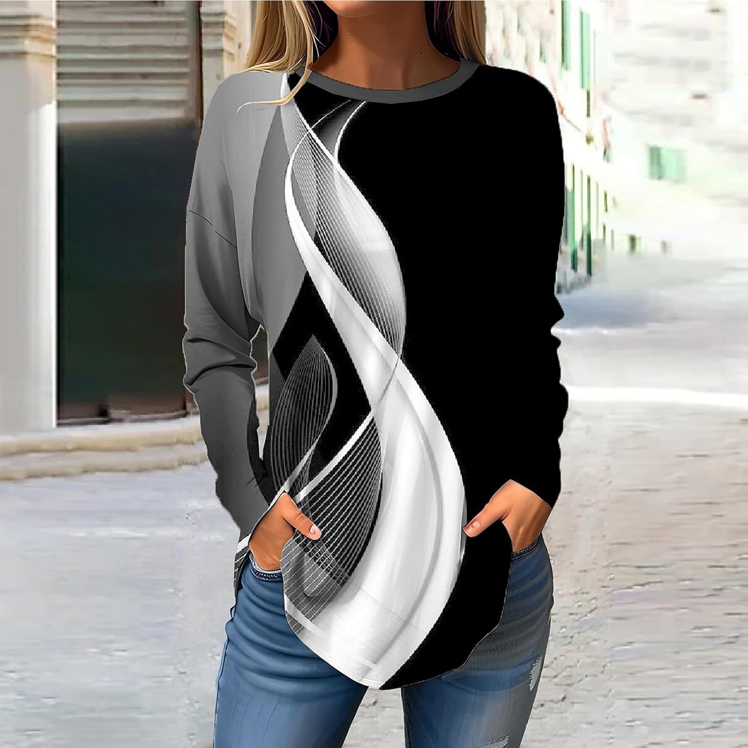 Blusa de otoño para mujer, de manga larga, cuello redondo, para invierno, étnico, floral, ajuste holgado, sudadera de moda
