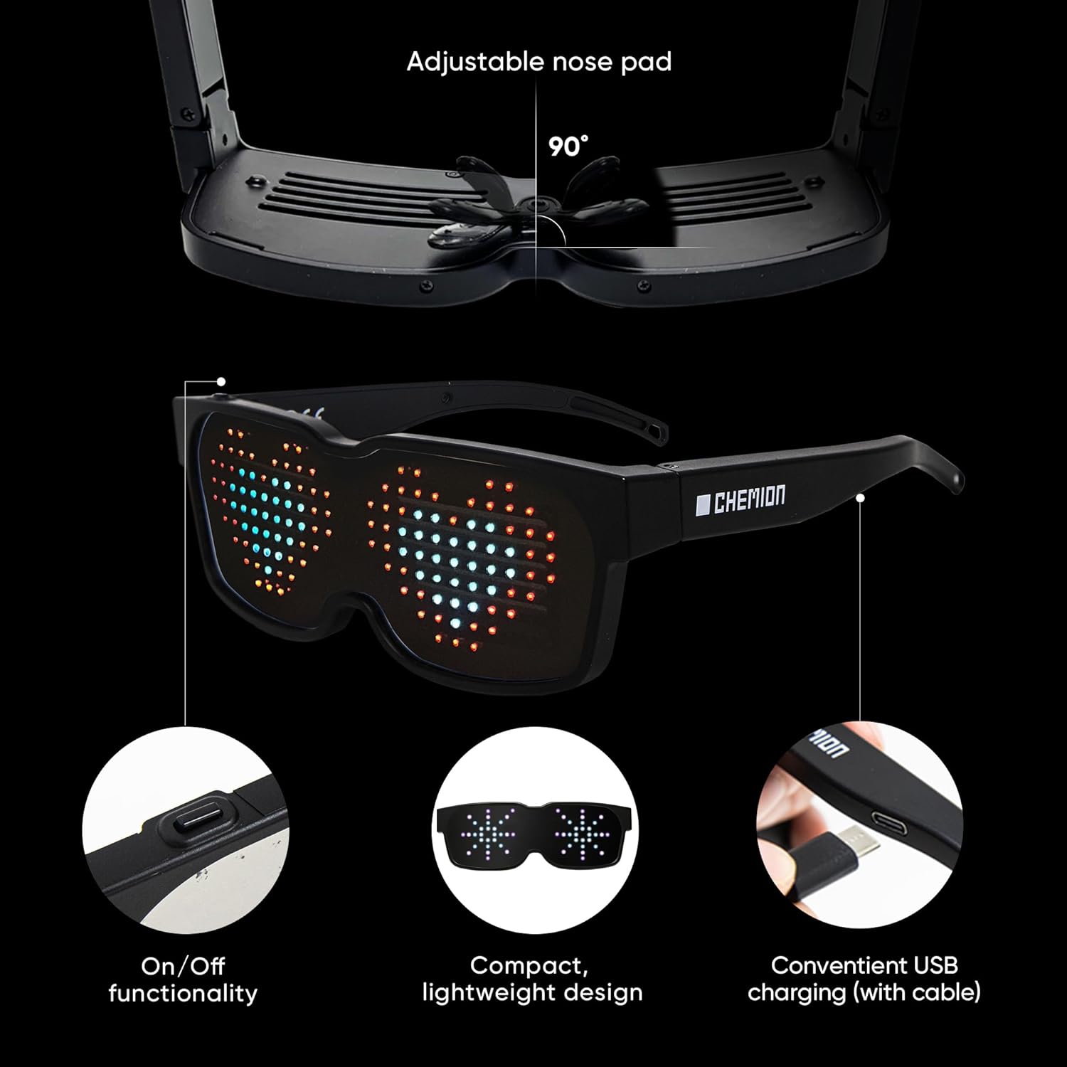 CHEMION Gafas LED para adultos, gafas LED Bluetooth personalizables, perfectas para Navidad, Halloween y fiestas de cumpleaños (color) (versión 2024)