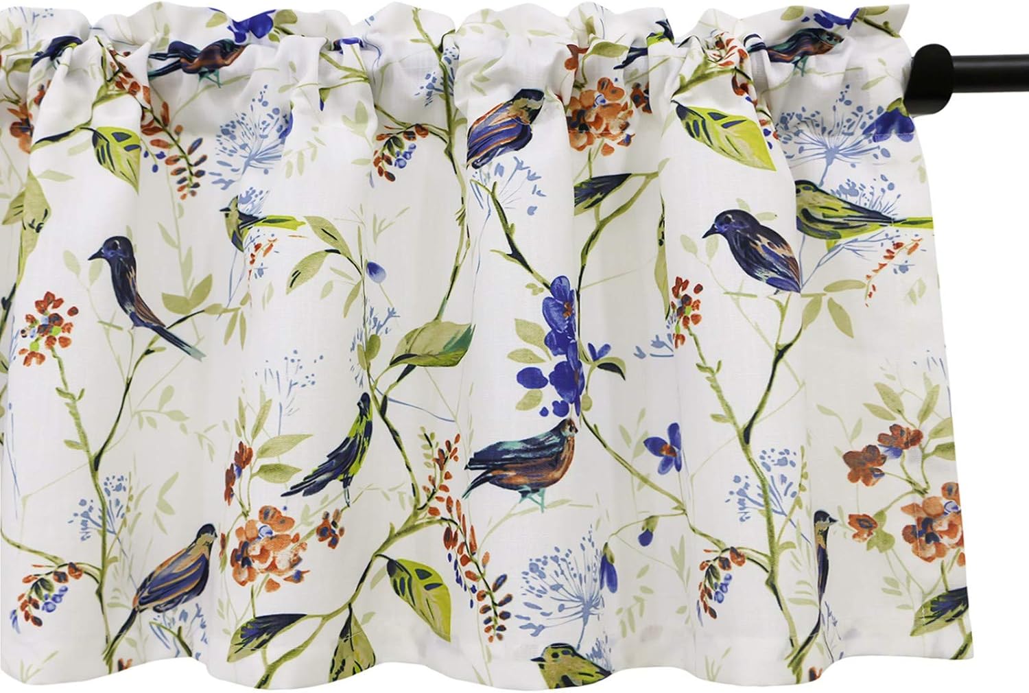 VOGOL Cortinas de cenefa azul para sala de estar, lino texturizado con estampado de pájaros y flores, cortinas de ventana con bolsillo para barra,