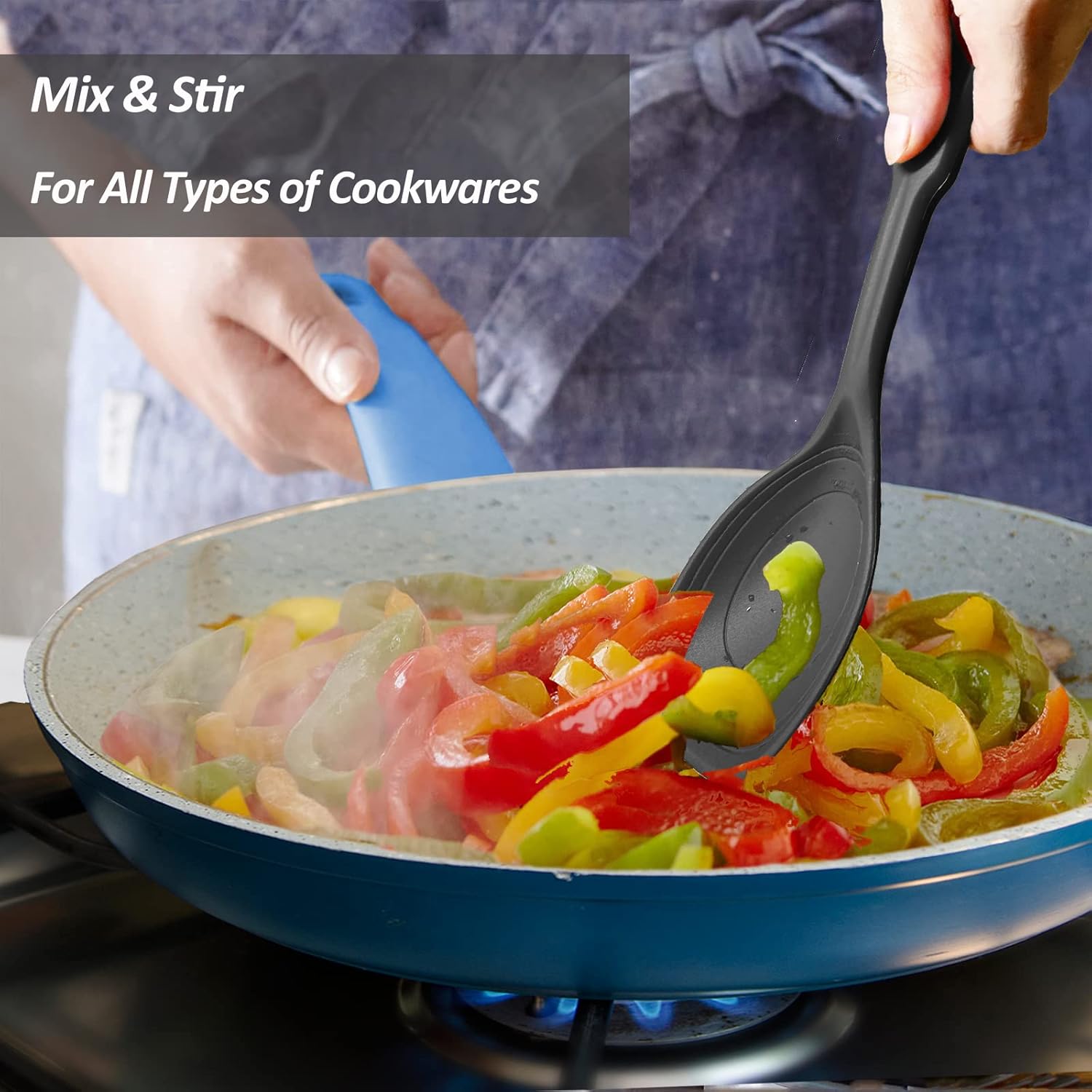Cuchara de cocina grande de silicona, juego de cuchara sólida antiadherente con perno profundo y marca de medición para mezclar, servir, escurrir,