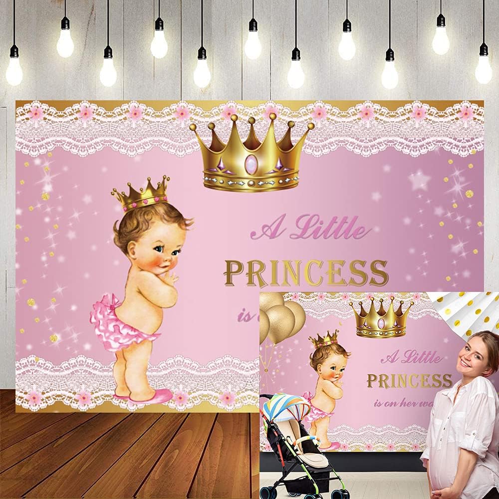 Telón de fondo de princesa para baby shower para niña, 8 x 6 pies, corona dorada, encaje rosa, fondo de fotografía con texto en inglés “A Little