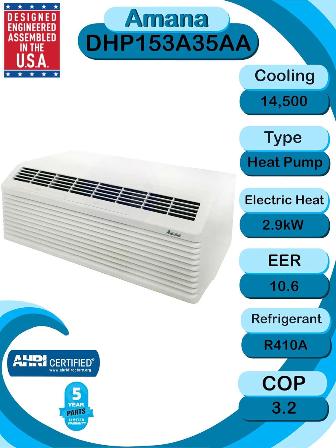 Amana Distinctions Refrigeración de 14,700 BTU, calefacción de 13,500 BTU, 10,6 EER, bomba de calor terminal empaquetada (PTHP) con kit de calor de