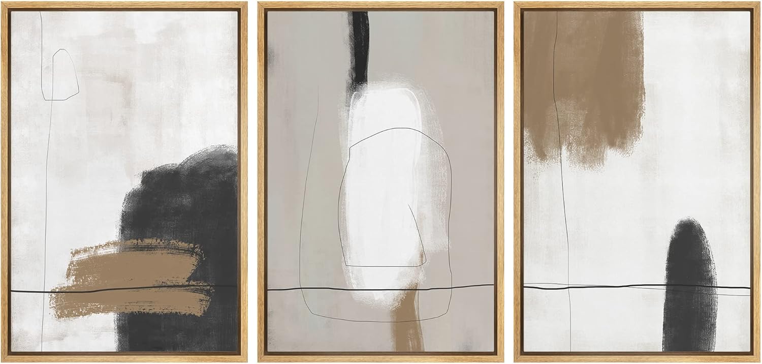 SIGNFORD – Juego de 3 lienzos enmarcados para pared, grunge, marrón y blanco, formas abstractas, moderno, bohemio, nórdico, relajante, para sala de