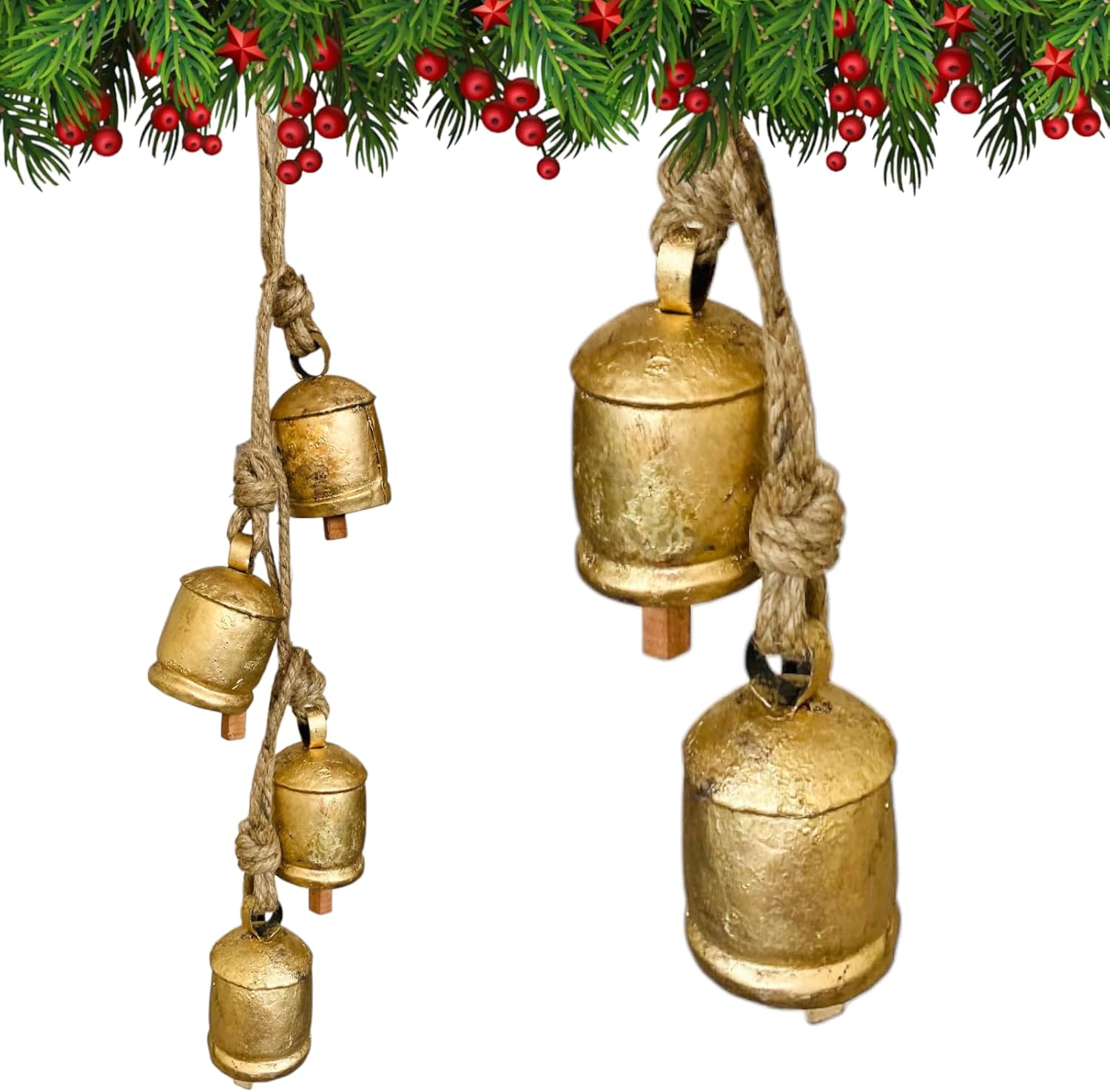 Juego de 4 campanas de vaca rústicas vintage para colgar en cuerda Harmony Shabby Chic Campanas de Navidad para decoración de metal de hojalata