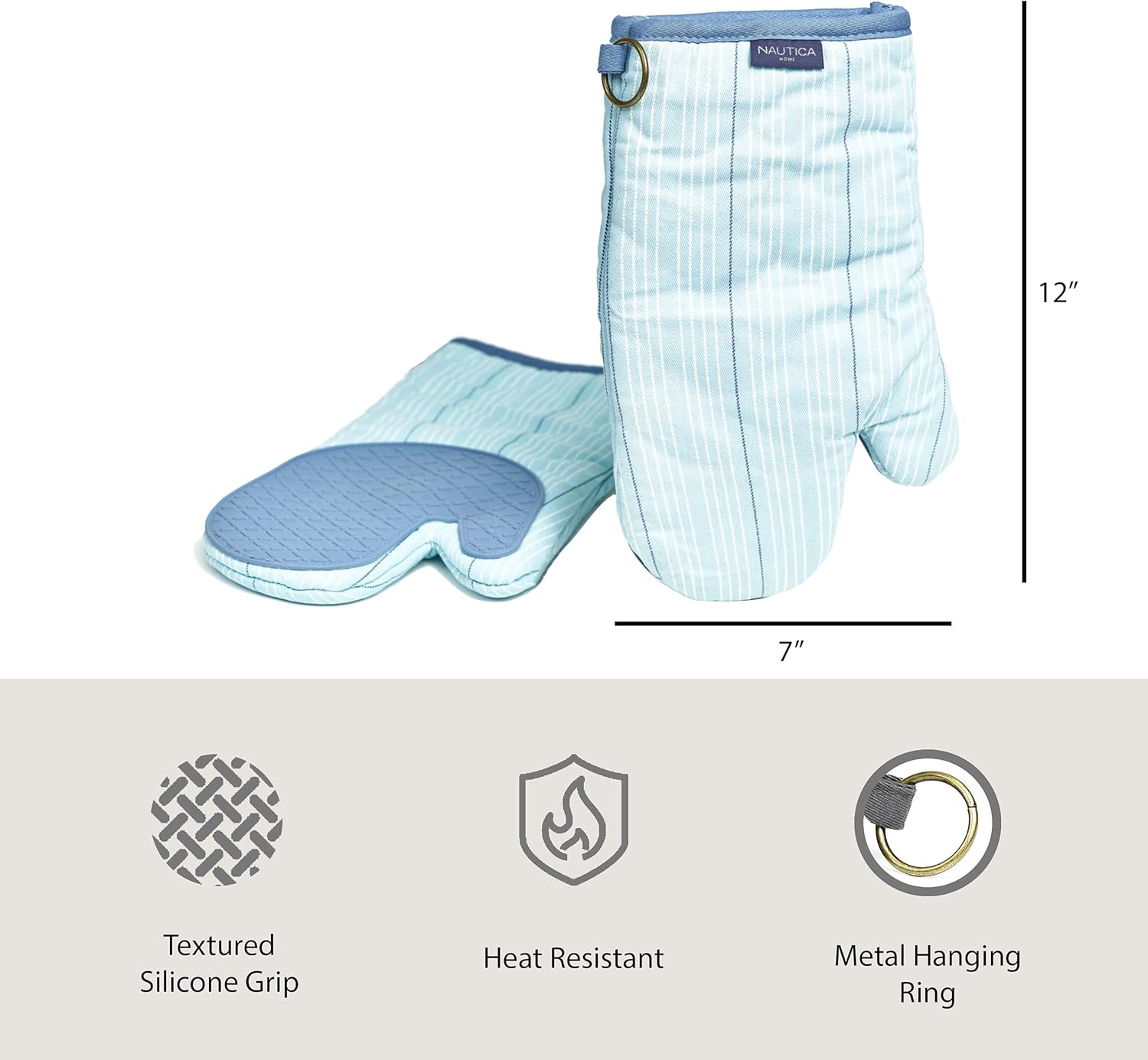 Nautica Manoplas de horno de cocina para el hogar con palma de silicona, resistentes al calor hasta 500 grados F, agarraderas de algodón para