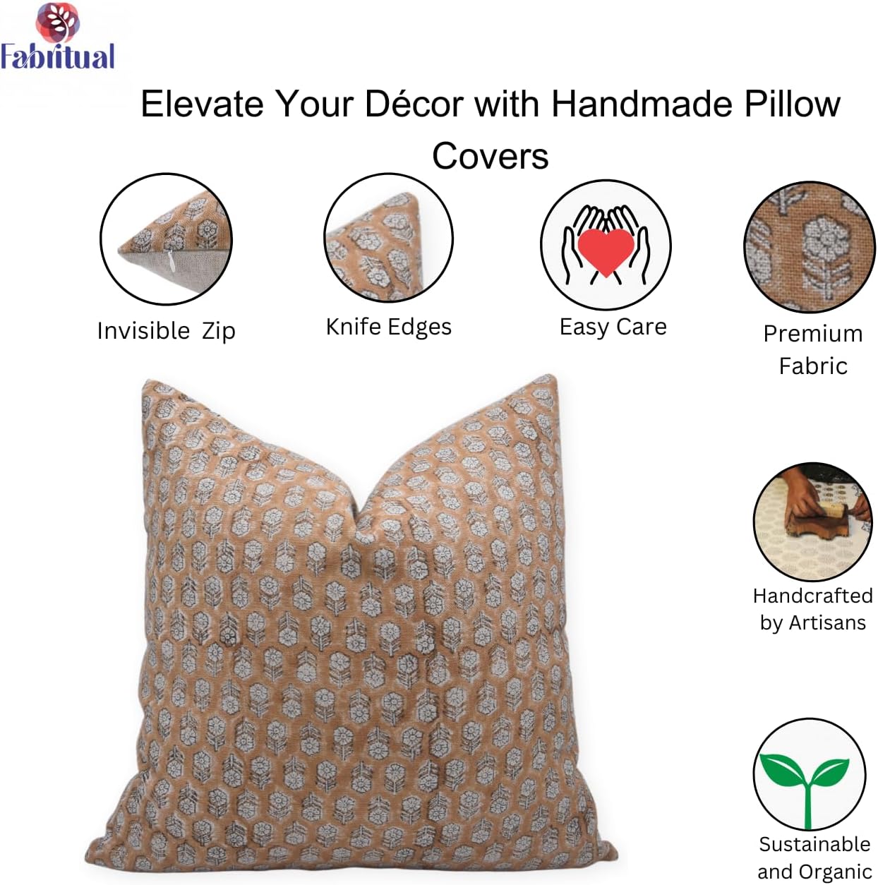 Fundas de almohada de lino puro con estampado de bloques de 18 x 18 pulgadas, hechas a mano, fundas de almohada vintage para sofá y sofá, funda de