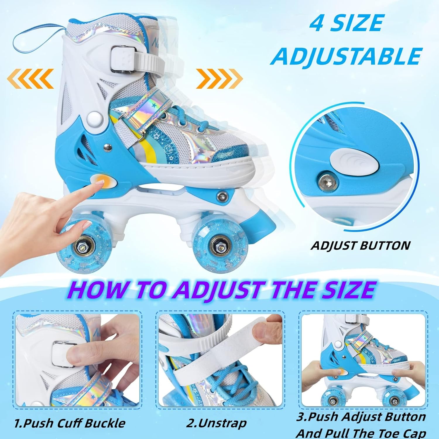 Nattork Girls Roller Skates for Kids Toddler, 4 Sizes Adjustable Rainbow Quad Skates with Light up Wheels,Best Gift for Kids Beginners
