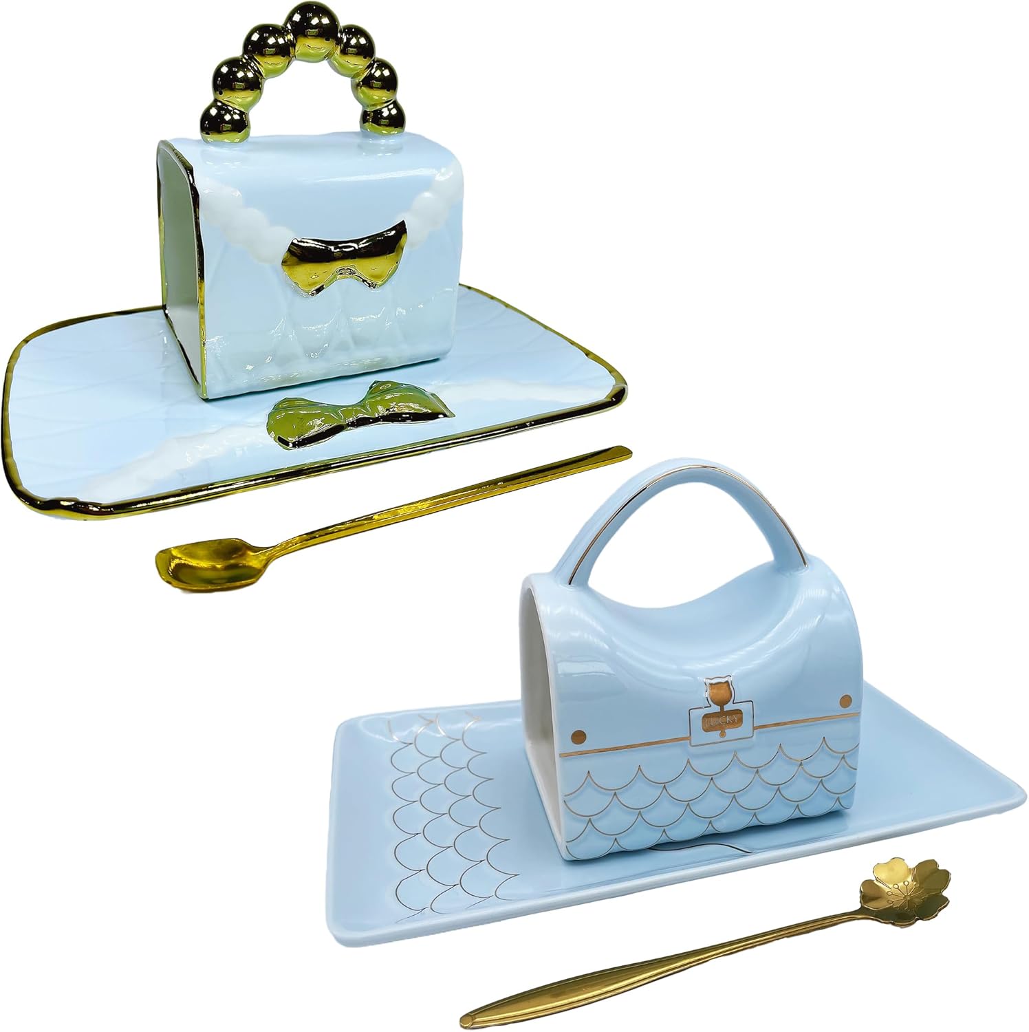 SISETOP Juego de 2 tazas de café de color azul bebé, lindo bolso con platillo y cuchara
