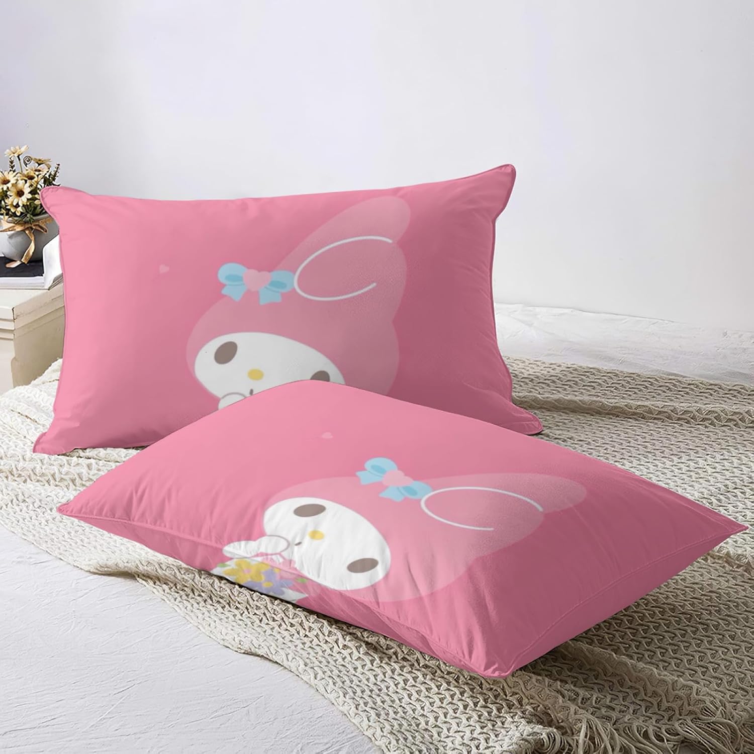 DIEZ Juego de cama de 3 piezas con estampado de conejito de dibujos animados rosa, funda de edredón suave de lujo con cremallera, matrimonial (1