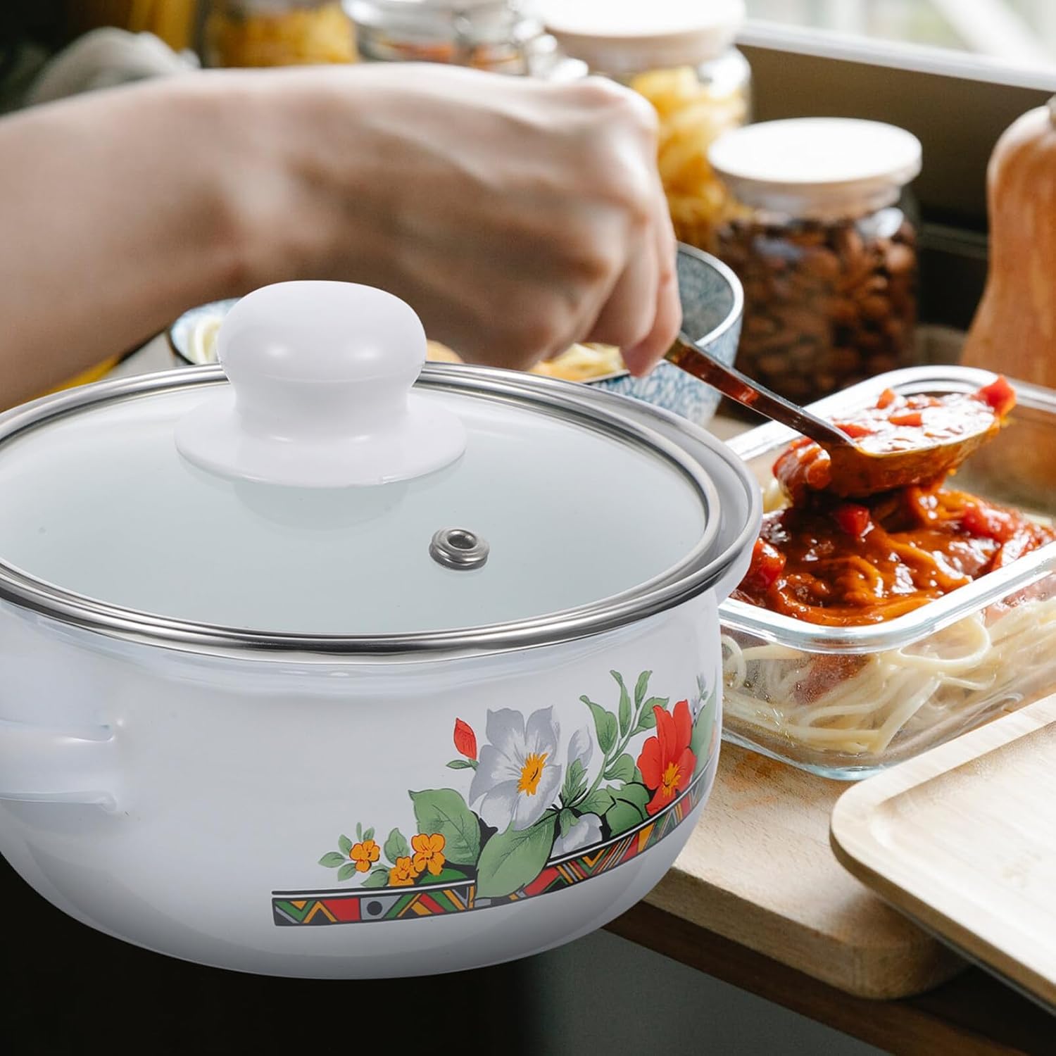 UPKOCH Olla de cocina esmaltada con tapa, olla de cocina retro antiadherente, olla de sopa floral a fuego lento para inducción, olla de pasta para