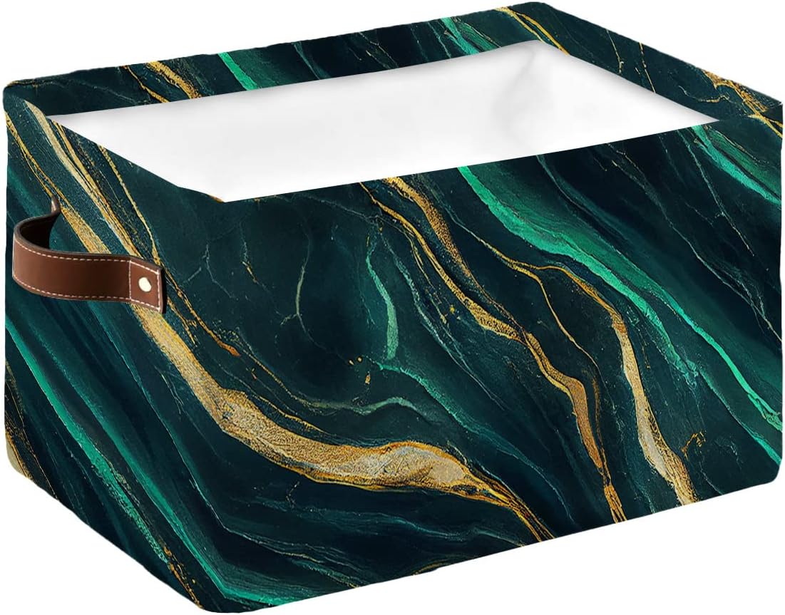 Turquoise Yellow Marble Storage Basket for Organizing Shelves, Collapsible Storage Bins Boxes with Handle, Modern Ink Painting Abstract Art Canvas