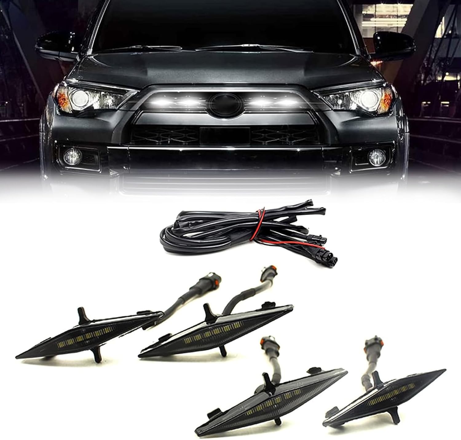 Paquete de 4 luces LED para parrilla delantera de automóvil con arnés, 3.7 x 0.59 pulgadas, rejilla delantera Raptor, accesorios para automóvil,