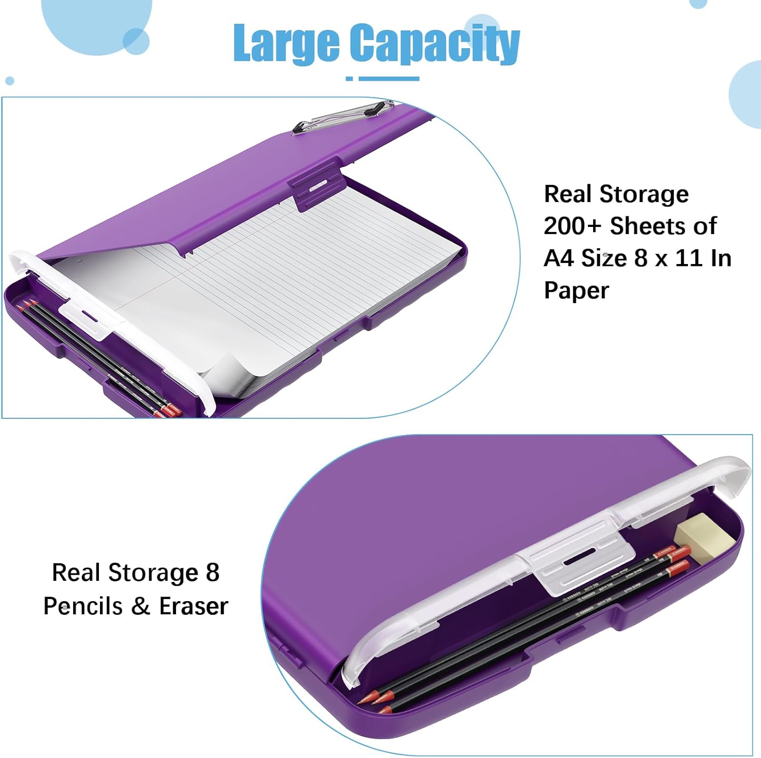 Hongri Juego de 2 portapapeles de plástico con almacenamiento, portapapeles de enfermería con apertura lateral, clips resistentes, caja de