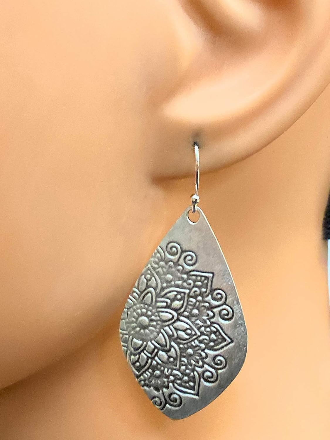 Floral Stamp Distressed Teardrops on Sterling Silver Earrings Handmade Boho Women
