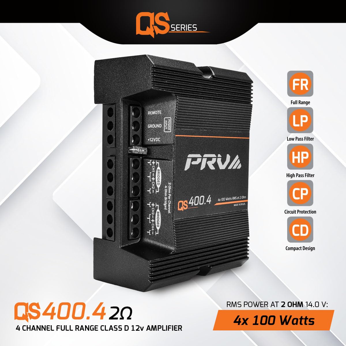 PRV Audio QS400.4 2 Ohm Mini Compact 4 Channel Amplificador de audio para automóvil 4 x 100 vatios RMS a 2 Ohm – Estéreo 12 voltios Amp Clase D