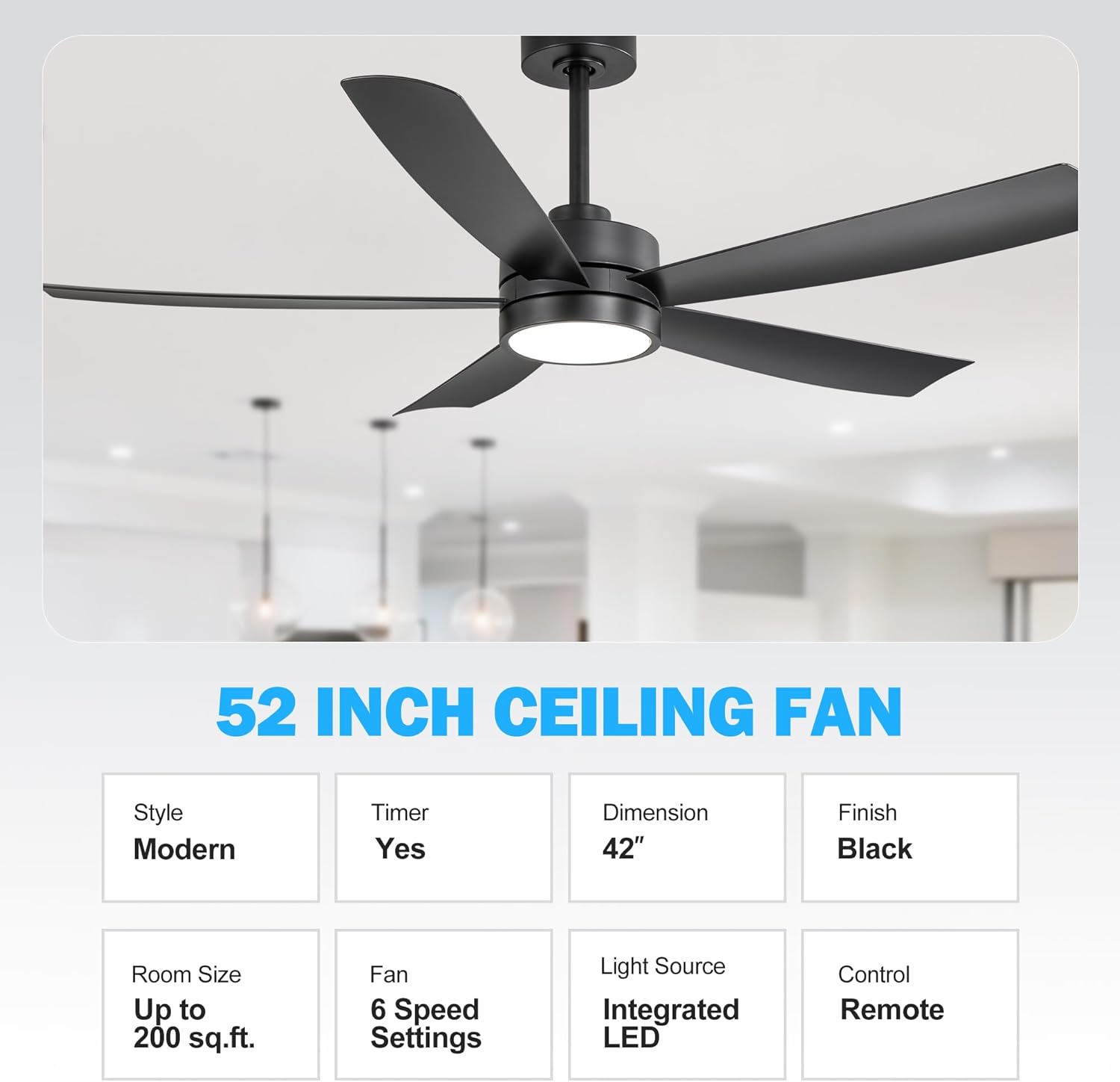 Breezary Ceiling Fans with Lights and Remote, 52″ Ceiling Fans OutdoorIndoor with 6 Speeds Reversible DC Motor and 5 Blades, Modern Black Ceiling