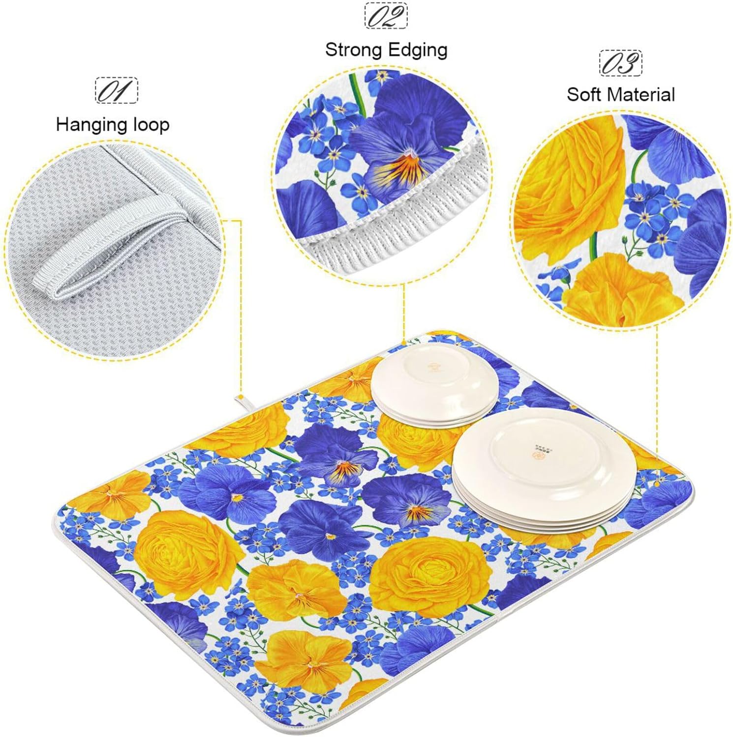 Botanical Realistic Flowers Dish Mat Washnable Absorbent Drying Mat For Kitchen Counter Dish Drainer Cloth Tapete Para Cocina 16” x 18”