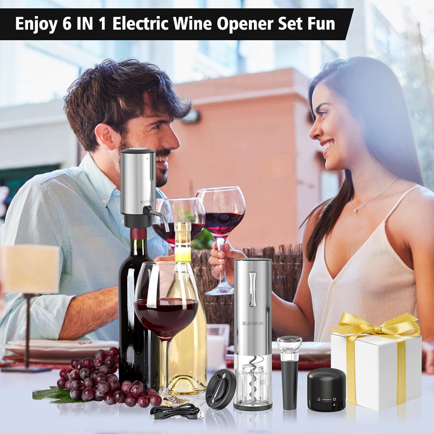 RUIVOKUR Juego de abridor de vino eléctrico, abridor automático de vino y aireador, juego 6 en 1 recargable, abridor de botellas de vino eléctrico,