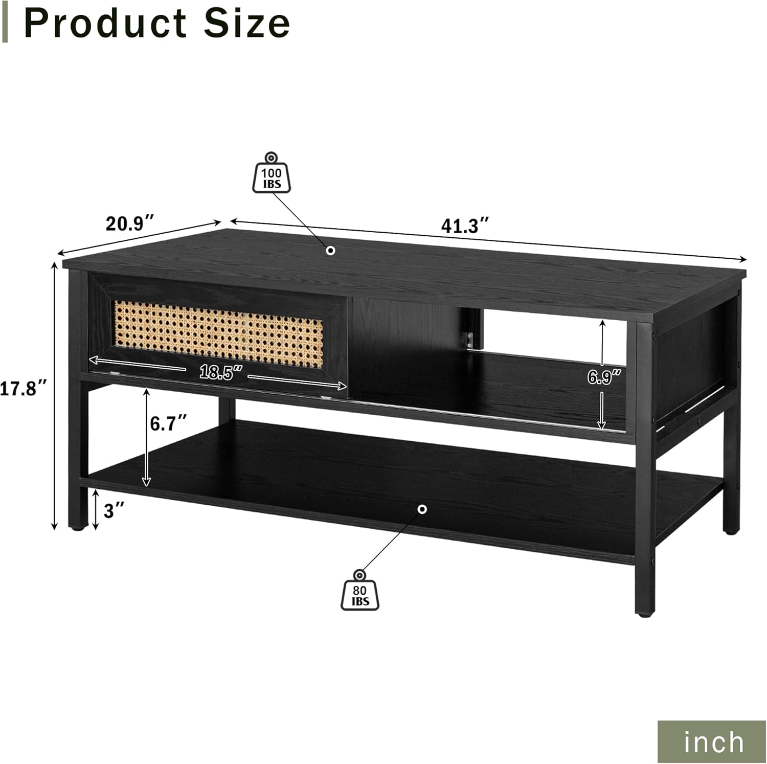 Mesa de centro con puertas correderas de ratán natural, mesa de centro moderna de mediados de siglo con almacenamiento, mesa de centro de madera
