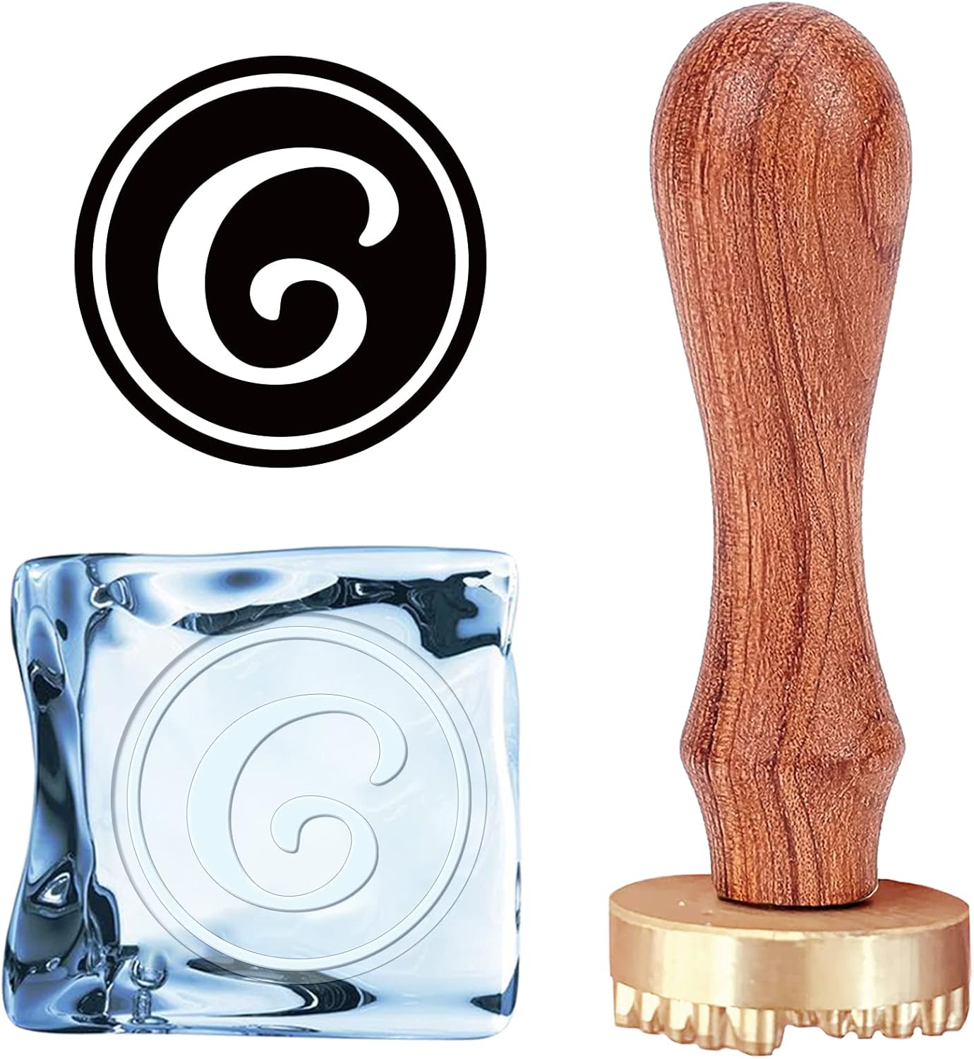 CRASPIRE Sello de hielo con letra G, sello de hielo de marca de hielo con cabeza de latón extraíble y mango de madera, sello de hielo vintage para
