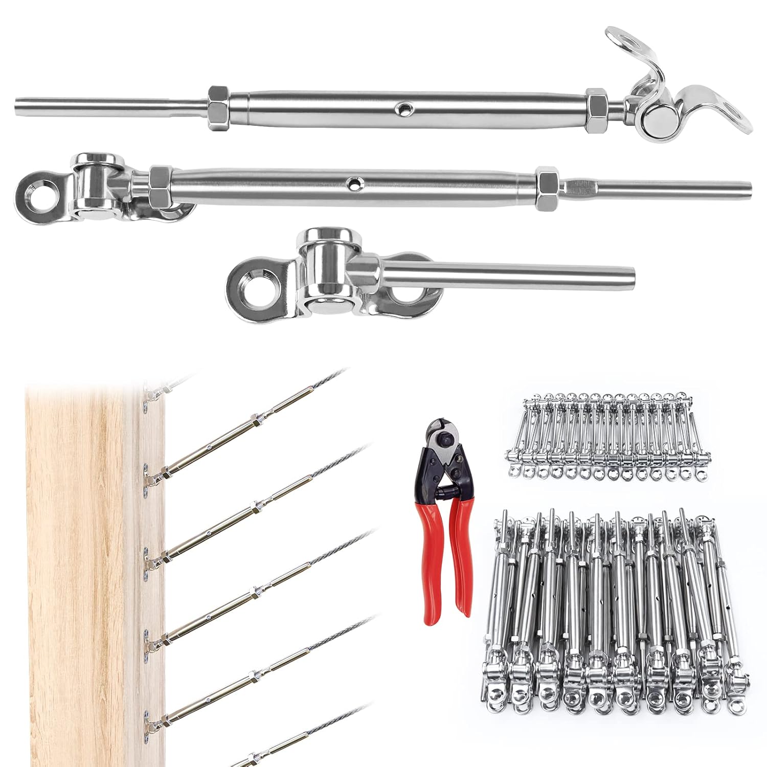 Muzata Kit de barandillas de cable de 32 pares de herrajes de 18 pulgadas, acero inoxidable T316 para poste de madera, ángulo de sistema fácil de