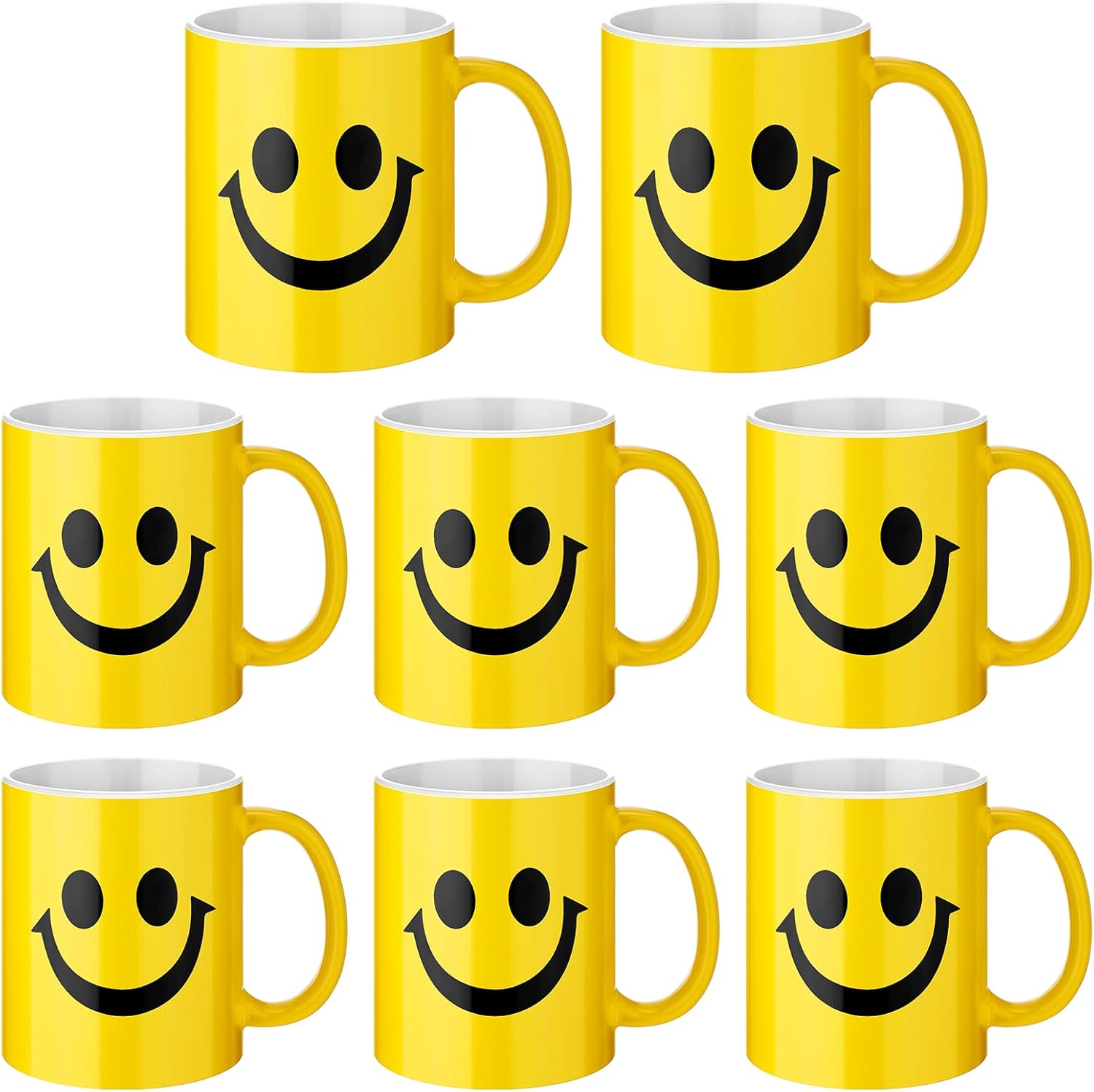 Hushee 8 tazas de café a granel, tazas de café de 11 onzas, taza de café amarilla de cara feliz, taza sonriente de cerámica, regalos de