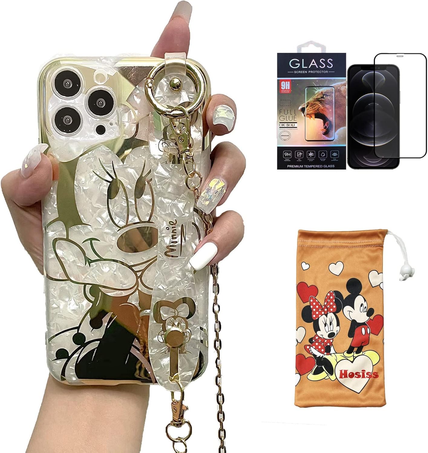 Funda de dibujos animados para iPhone 15 Pro Max de 6.7 pulgadas con protector de pantalla HD, Minnie Mouse con correa para la muñeca, correa de