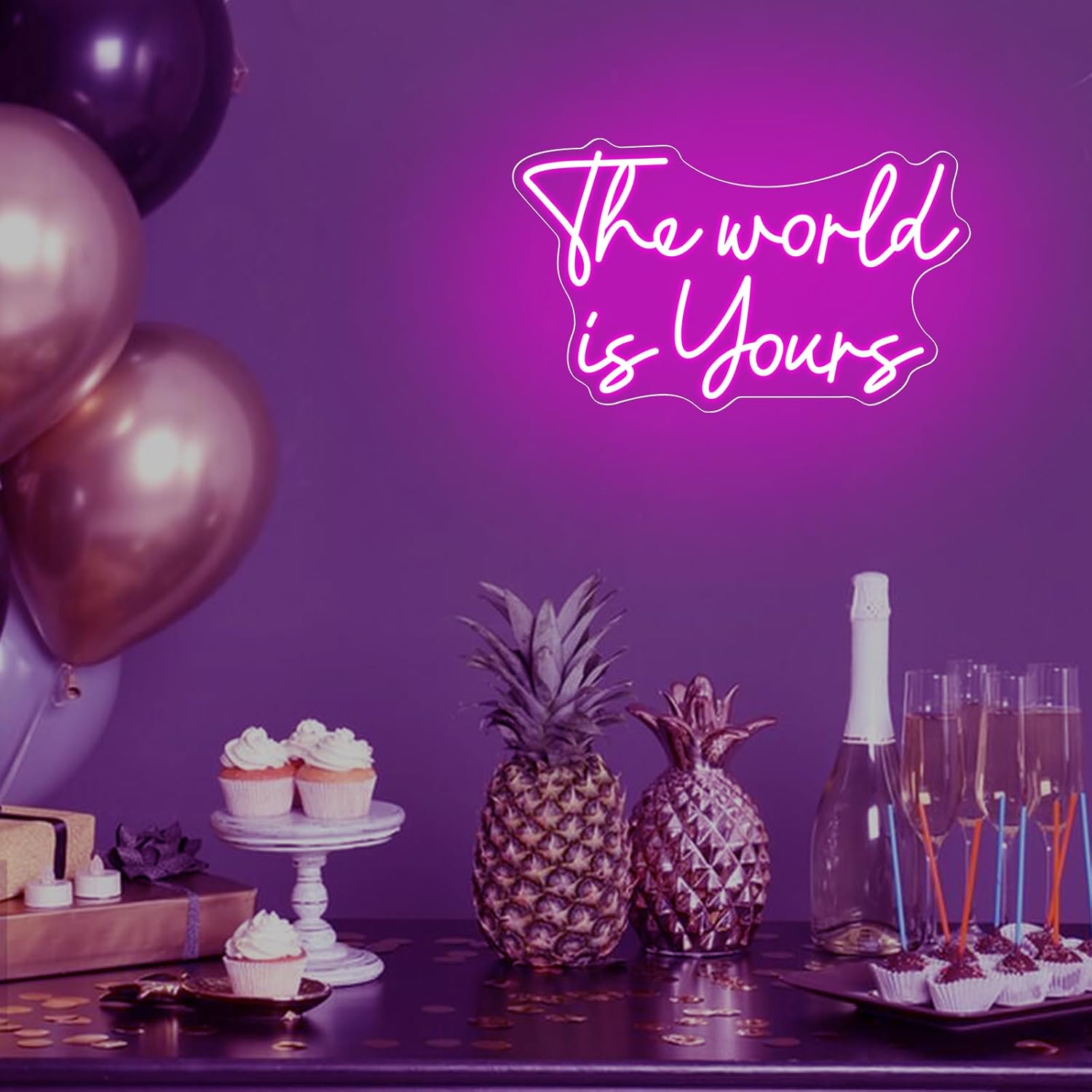 Letreros de neón de The World Is Yours, luz LED de neón rosa para decoración de pared, letrero iluminado para feliz cumpleaños, boda, compromiso,