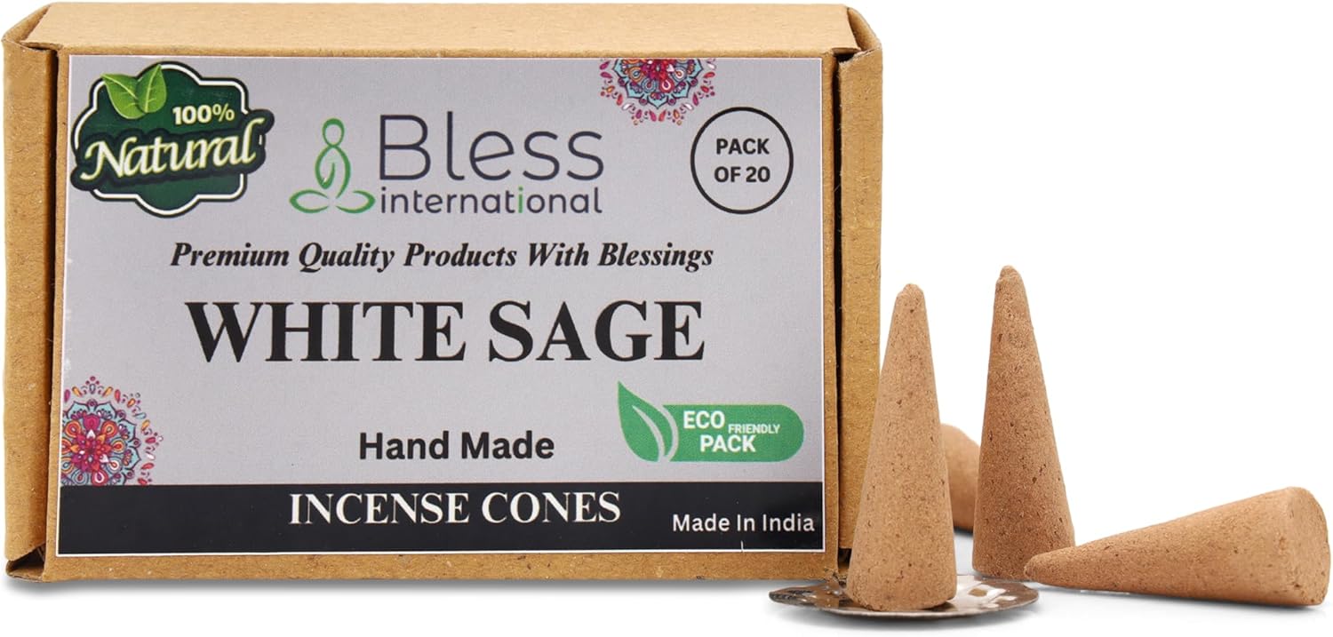 Bless-International White Sage 100% – Conos de incienso naturales hechos a mano, sumergidos a mano, orgánicos, sin productos químicos para