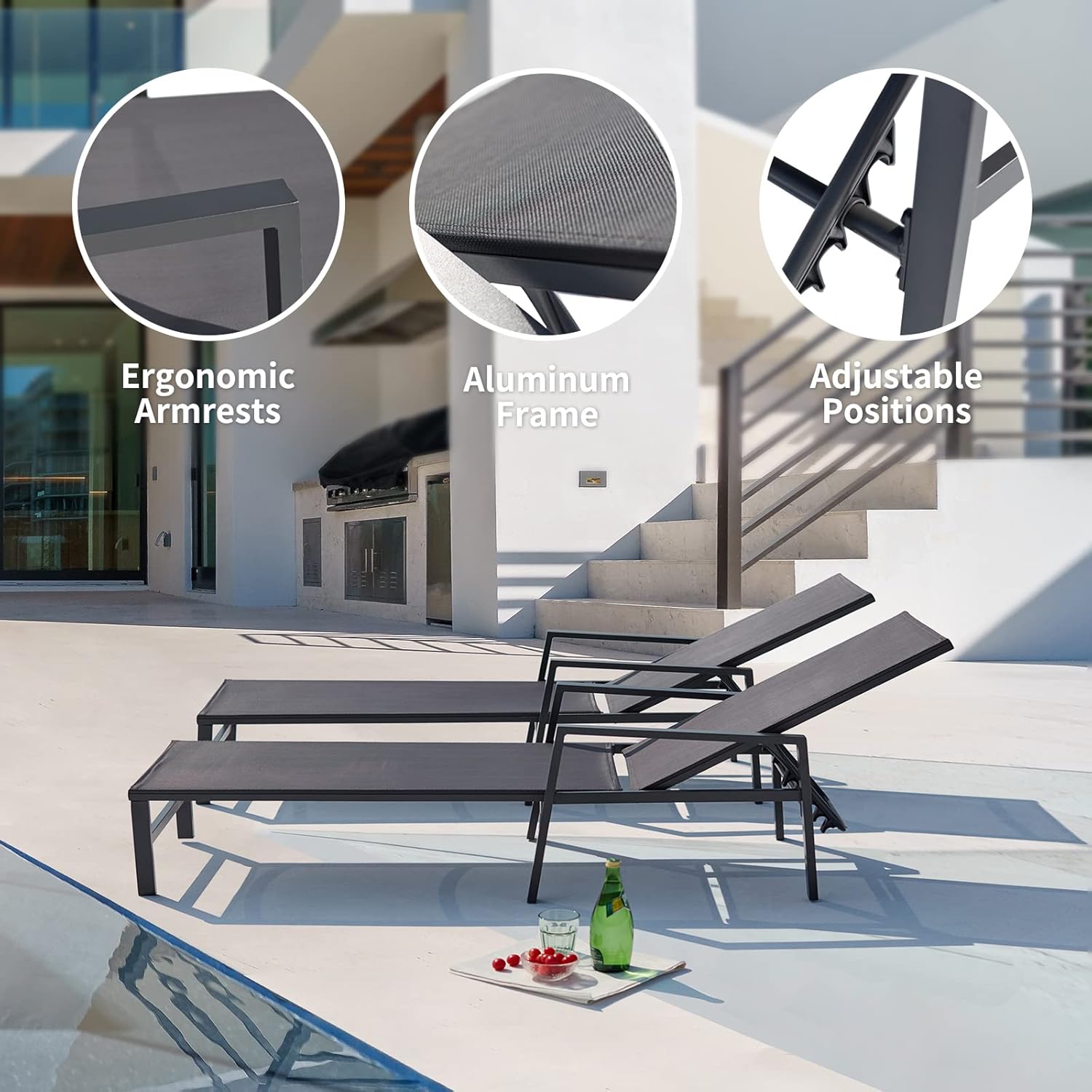 Juego de 2 tumbonas ajustables de aluminio para patio, reposabrazos con respaldo de 5 posiciones ajustables, silla reclinable para piscina,