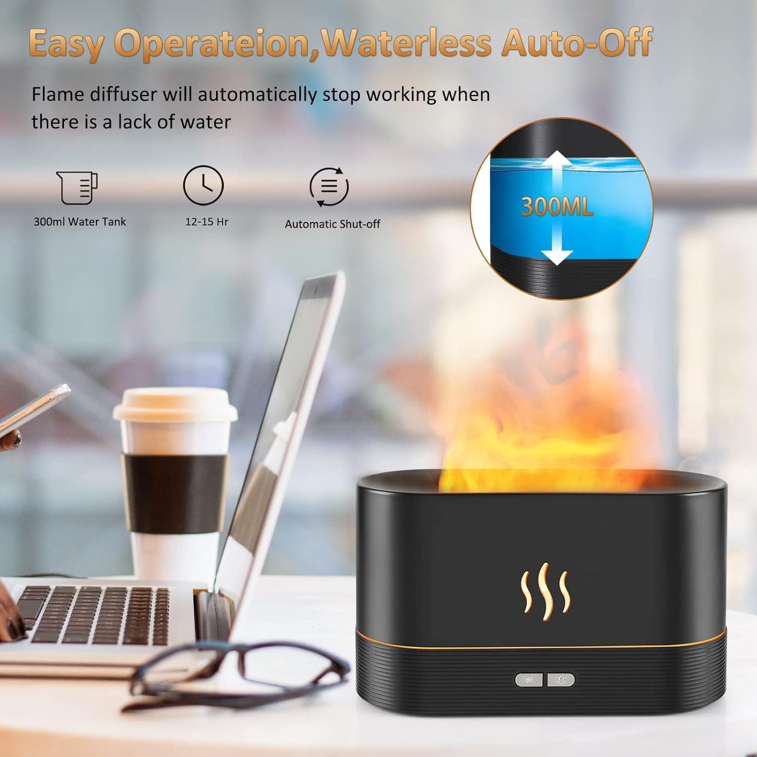 Depulat RGB Flame Diffuser HumidifierUltrasonic 300ml Fire Diffuser Automatic Power-Off Protection with Timer, Adjustable Brightness