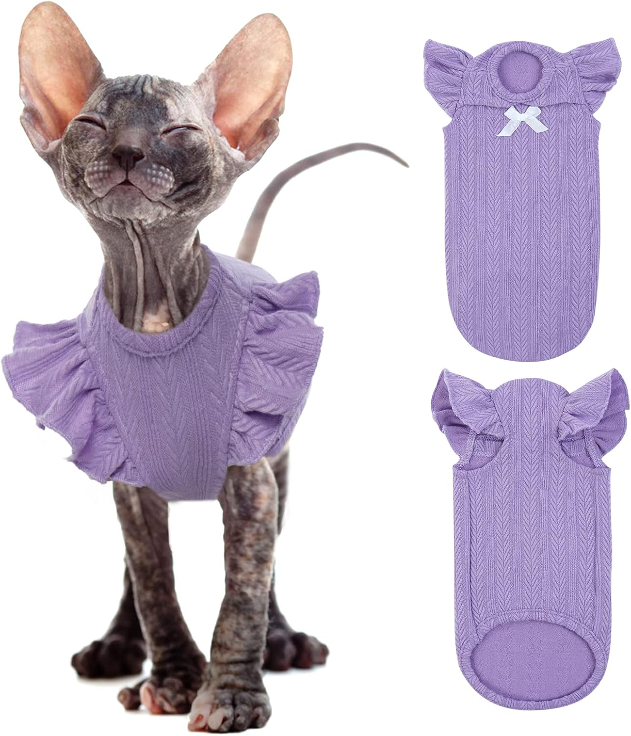 DENTRUN Sphynx – Camisa de gatos sin pelo, ropa de gatito con mangas con volantes, transpirable, pijama para gatos, Púrpura