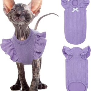 DENTRUN Sphynx – Camisa de gatos sin pelo, ropa de gatito con mangas con volantes, transpirable, pijama para gatos, Púrpura DENTRUN Sphynx – Camisa de gatos sin pelo, ropa de gatito con mangas con volantes, transpirable, pijama para gatos, Púrpura