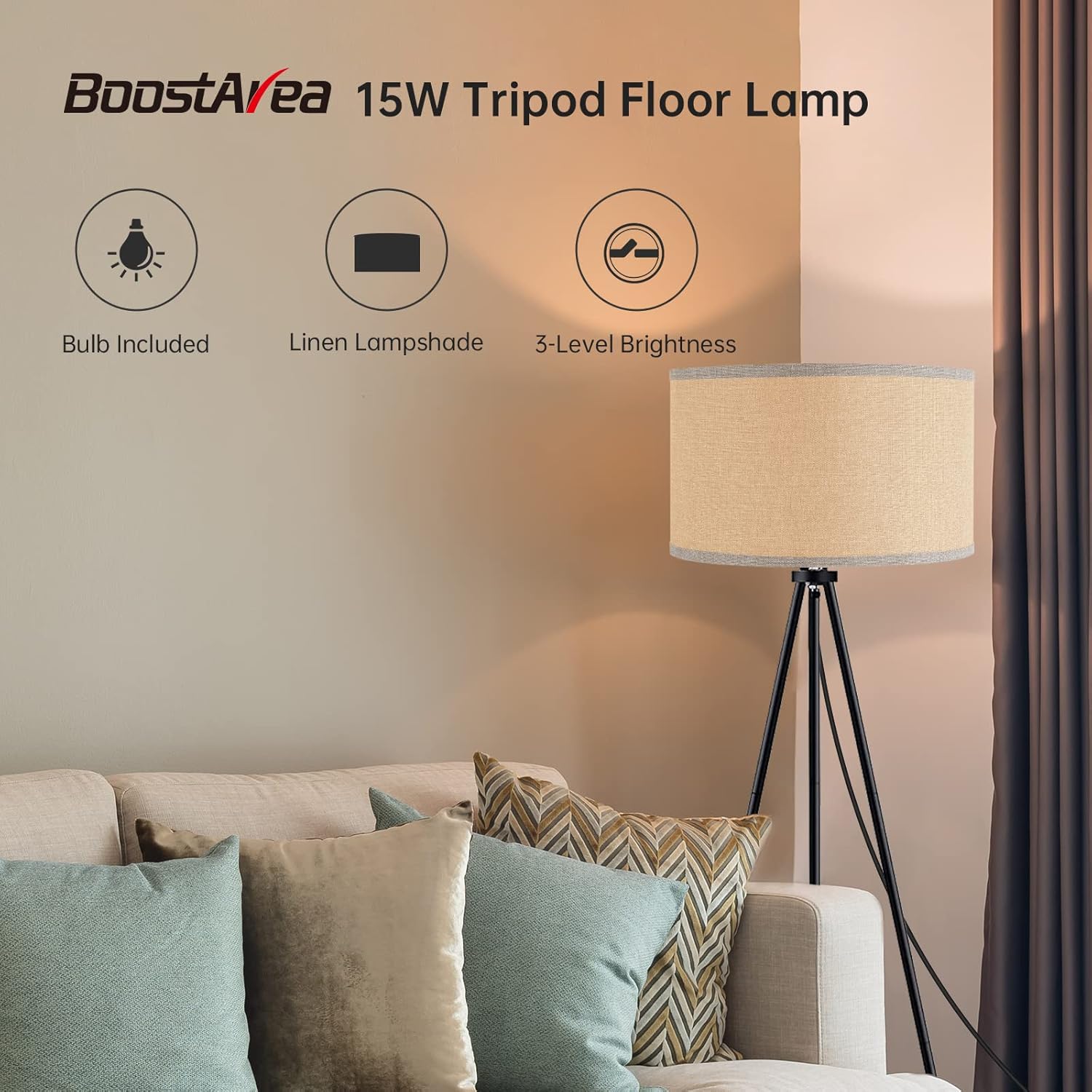 BoostArea Lámpara de pie para sala de estar, lámpara de pie trípode, bombilla LED de 15 W, 3 niveles de brillo regulable, pantalla de lámpara de