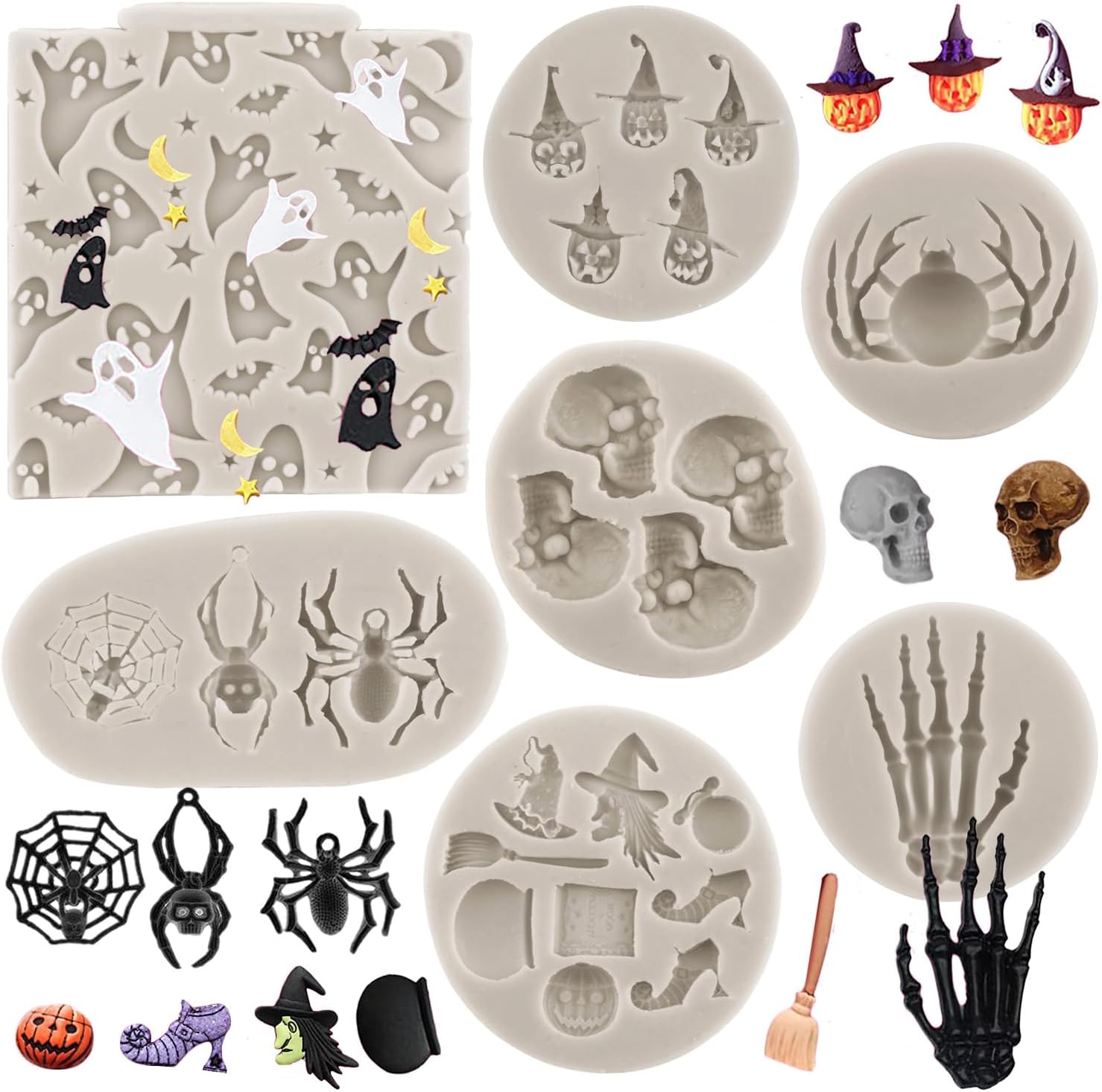 MYPRACS Molde de silicona para Halloween, bruja, fantasma, cráneo, araña, mano, fondant, molde para decoración de pasteles de Halloween, decoración
