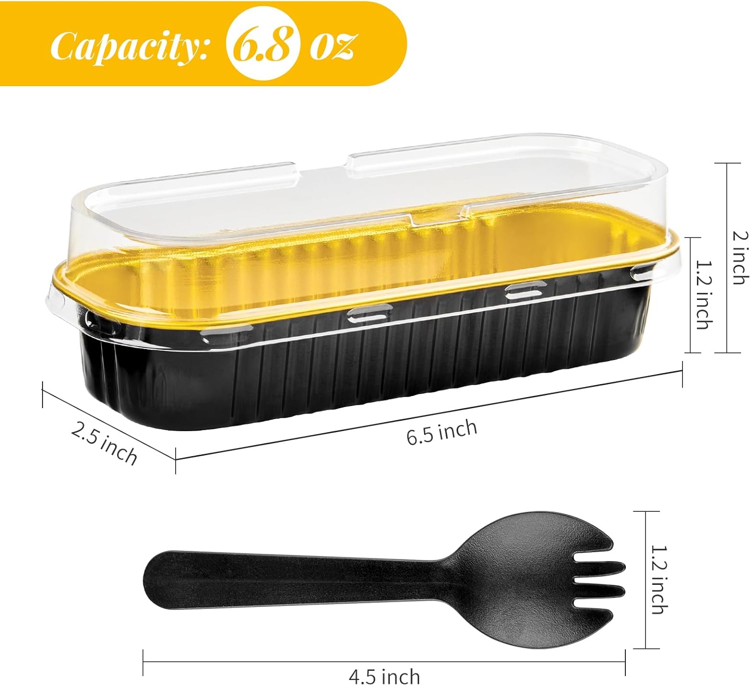 Mini moldes para pan de 6.8 onzas con tapas y tenedores, paquete de 50 recipientes rectangulares de papel de aluminio para hornear pasteles, moldes