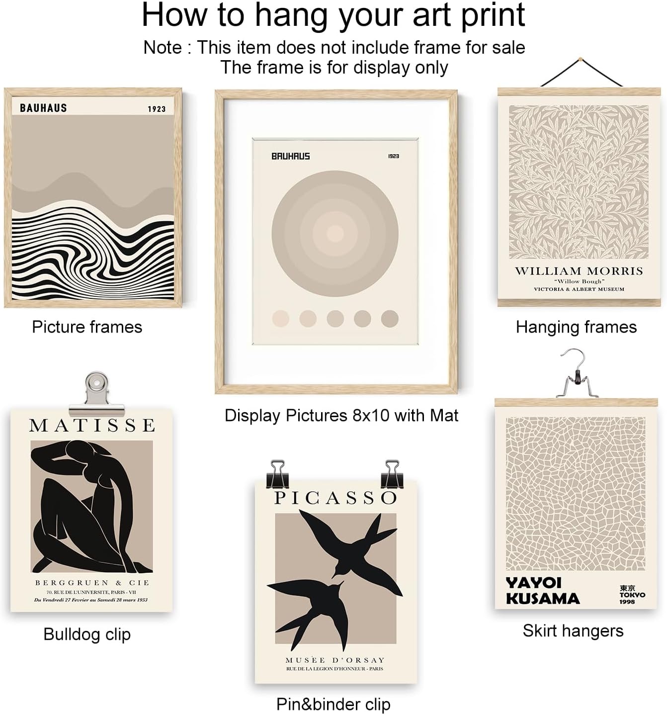 Iknostine Juego de 6 impresiones artísticas para pared de artistas famosos, póster abstracto de Matisse en lienzo estético negro, arte de flores de