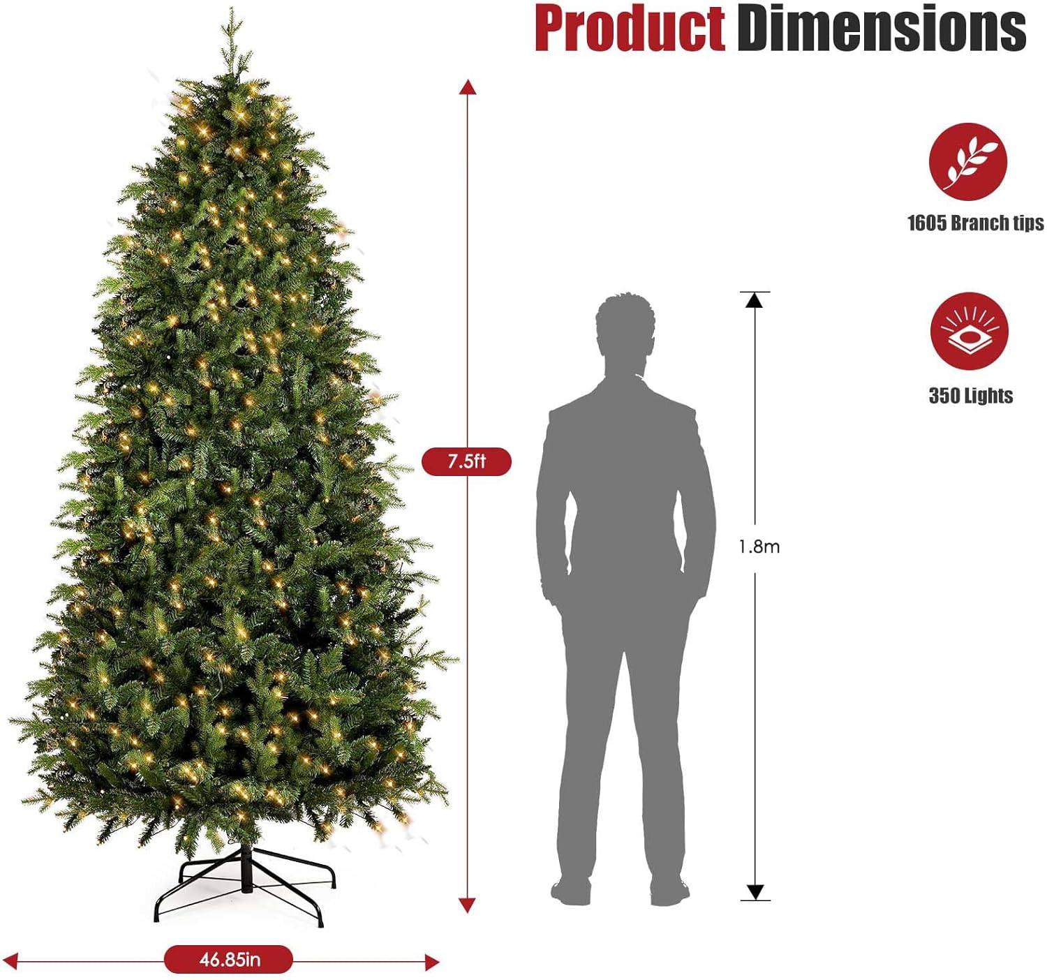 okicoler Árbol de Navidad de abeto Aspen preiluminado de 7.5 pies, árbol de Navidad artificial de polietileno real, con 1605 ramas, soporte