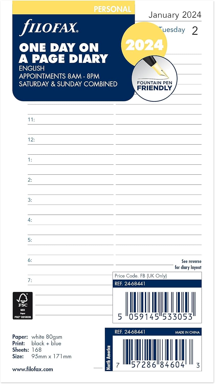 Filofax Calendario de recambio de diario, tamaño personalcompacto, día en una página con citas, a rayas, papel blanco, inglés, 2024 (C68441-24)