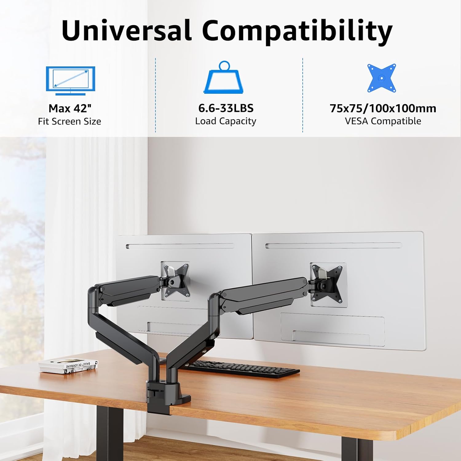 MOUNTUP Soporte de monitor doble para pantalla ultraancha de 17 a 42 pulgadas, soporta 6.6-33 libras, soporte de escritorio con brazo de monitor