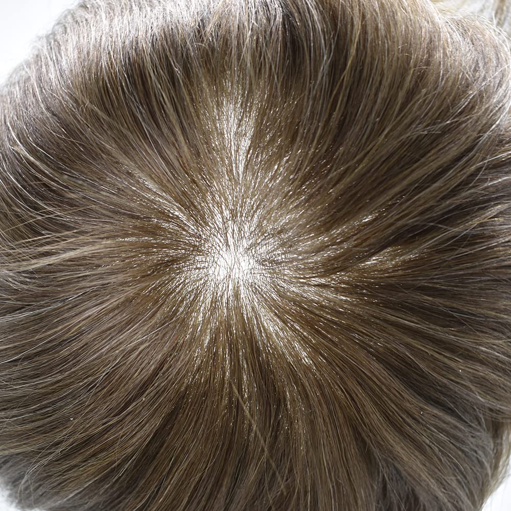 Healthlif Pieza de cabello humano tipo tupé para hombre, con bucle en V, ultra fino, para hombres, sistema de cabello, extensiones para hombres,